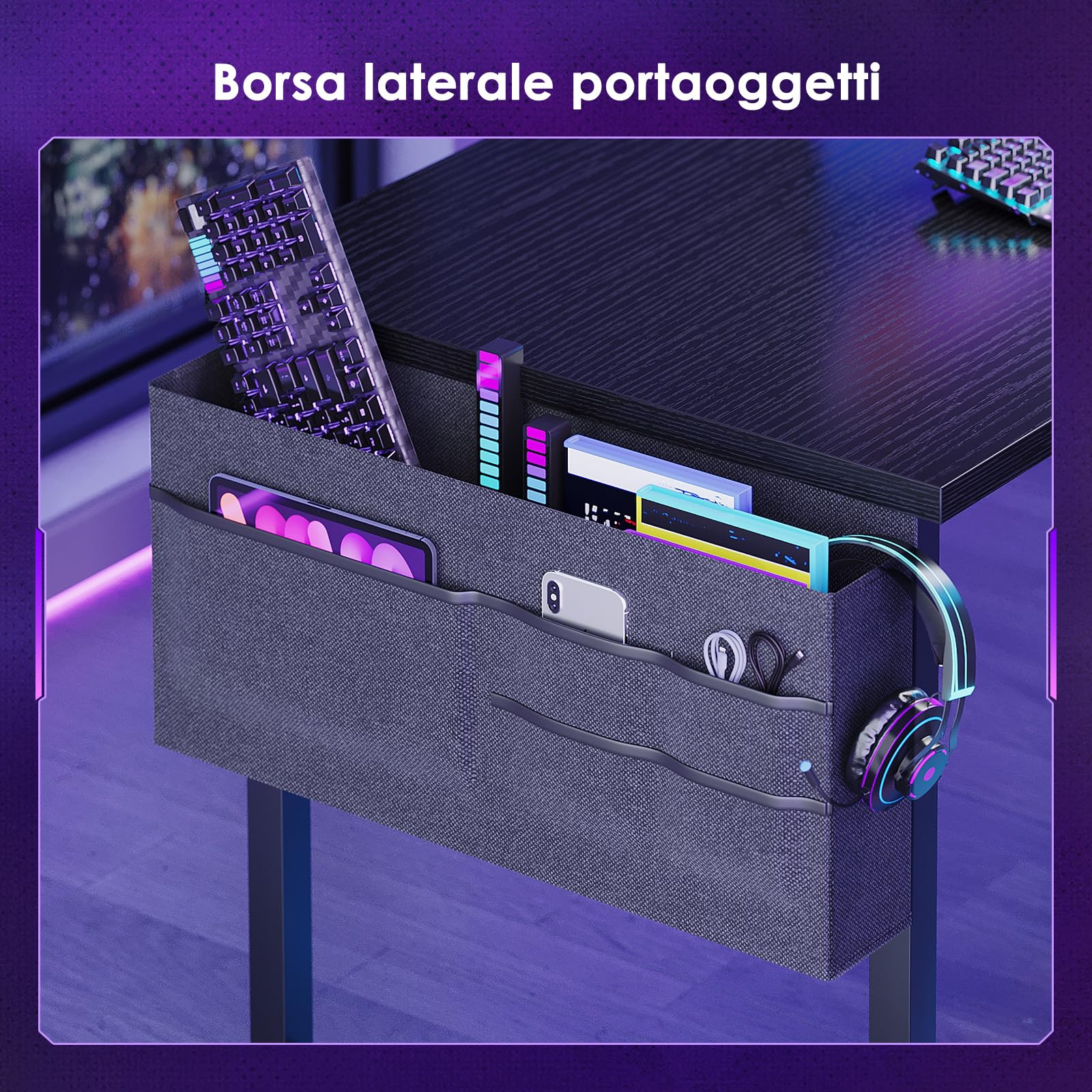 Coleshome Scrivania Gaming Angolare con LED, 150 × 100 cm, Nera | Scrivania Ad Angolo Reversibile con Scaffale e Borsa Portaoggetti, per Postazione Gaming e Home Office