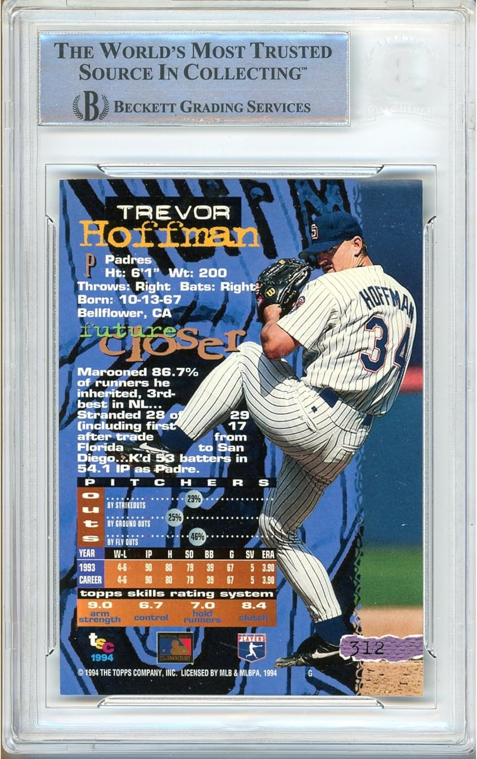 Trevor Hoffman Autographed 1994 Topps Stadium Club #312 Baseball Trading Card Slab Beckett BAS Authentic Slabbed COA Played For San Diego Padres MLB