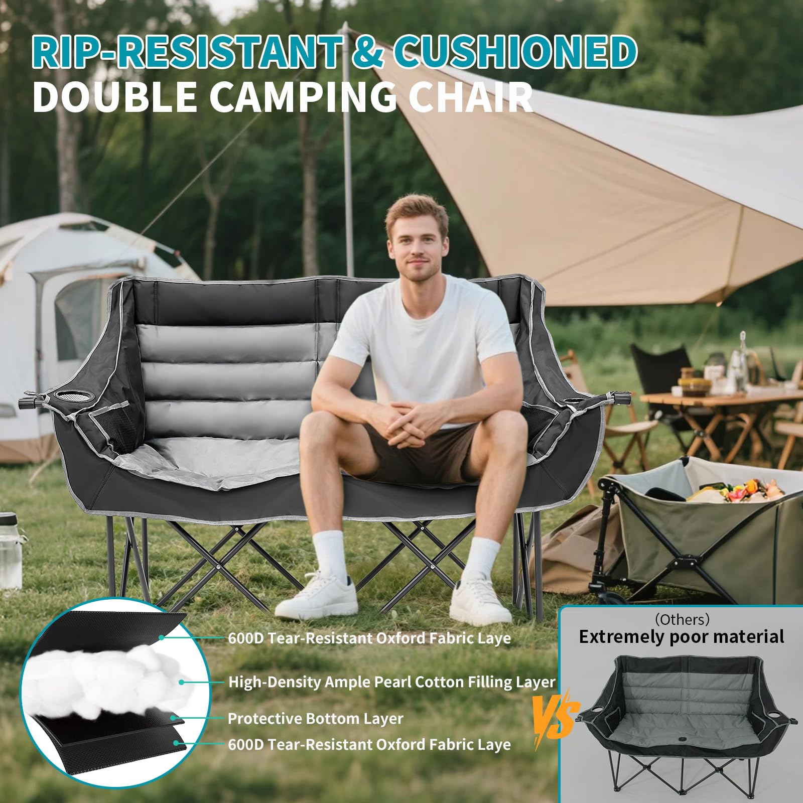 Doppia sedia da campeggio, pieghevole, 270 kg, carico pesante, pieghevole, doppio posto, per 2 persone, portatile, con schienale alto, grande, per esterni, pieghevole, per giardino/spiaggia