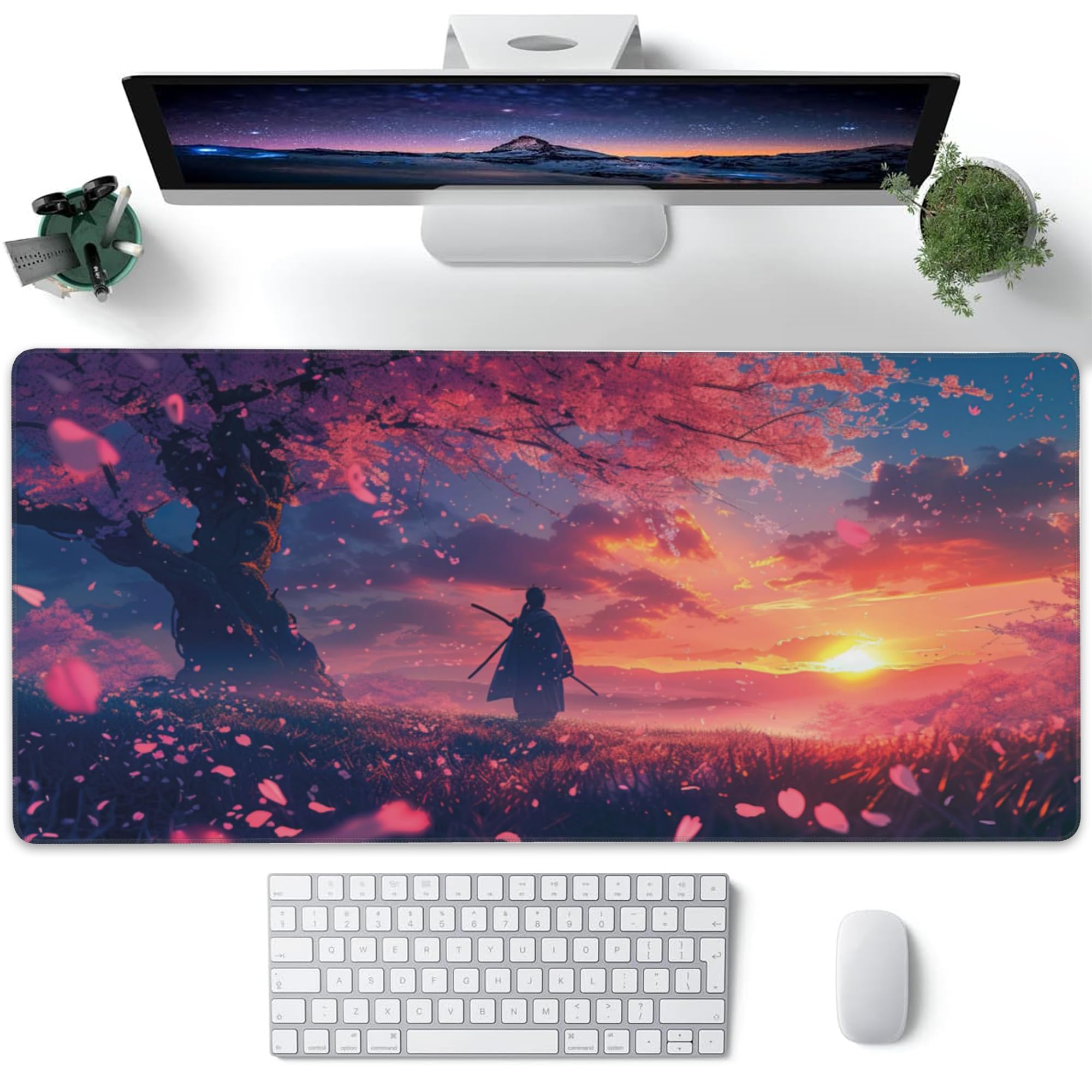 XXL Mouse Pad, Samurai and Cherry Blossoms Large Desk Mat for Desktop, Extended Large Gaming Mouse Pad Mouse Mat with Non-Slip Rubber Base Stitched Edges for Computer Keyborad Home Office 35.4"X15.7"