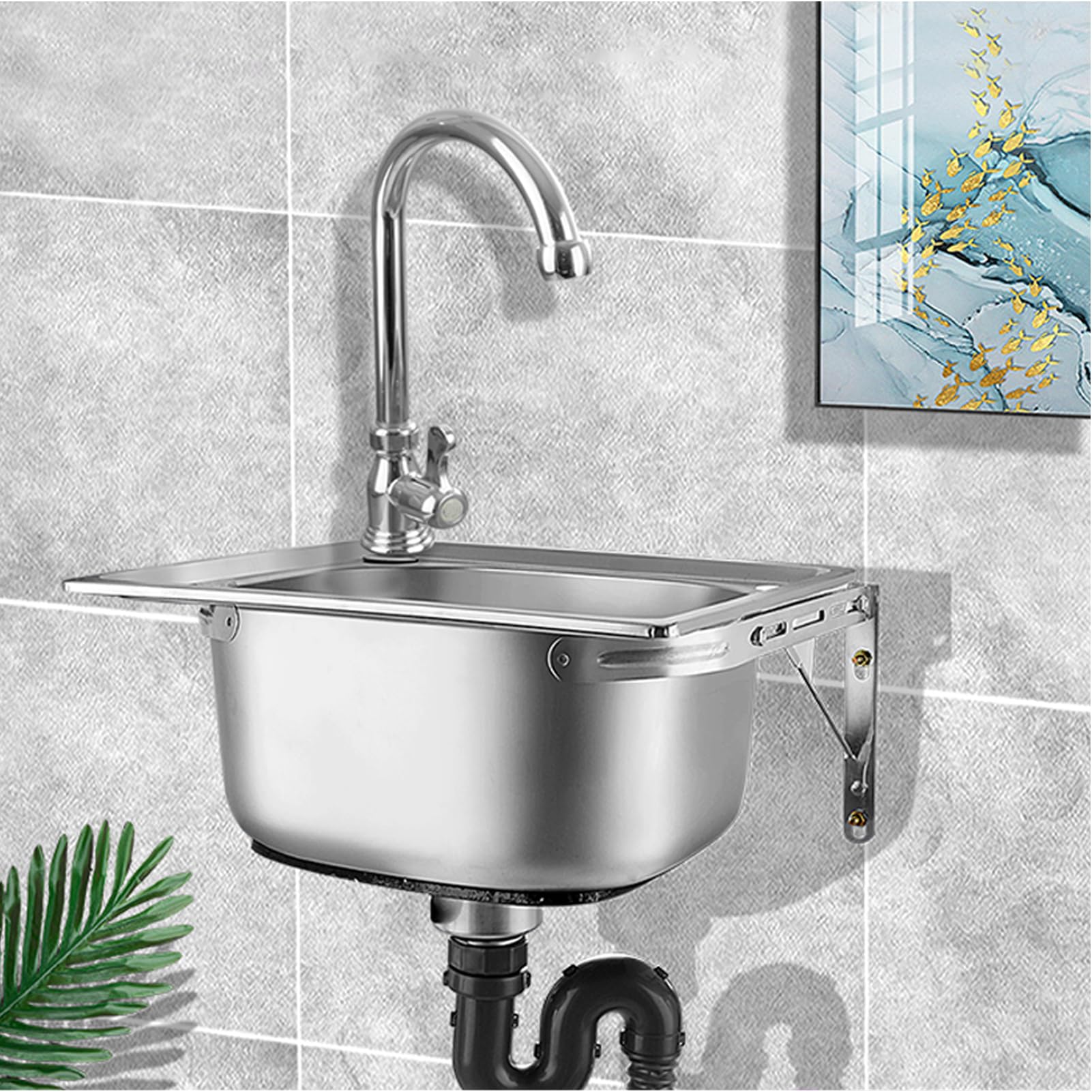 Lavello da Cucina,lavello Parete,lavello Cucina in Acciaio Inox a Una Vasca con Rubinetto,lavabo Interno ed Esterno Commerciale per Lavanderia,Garage,seminterrato (60x45x22,5cm)
