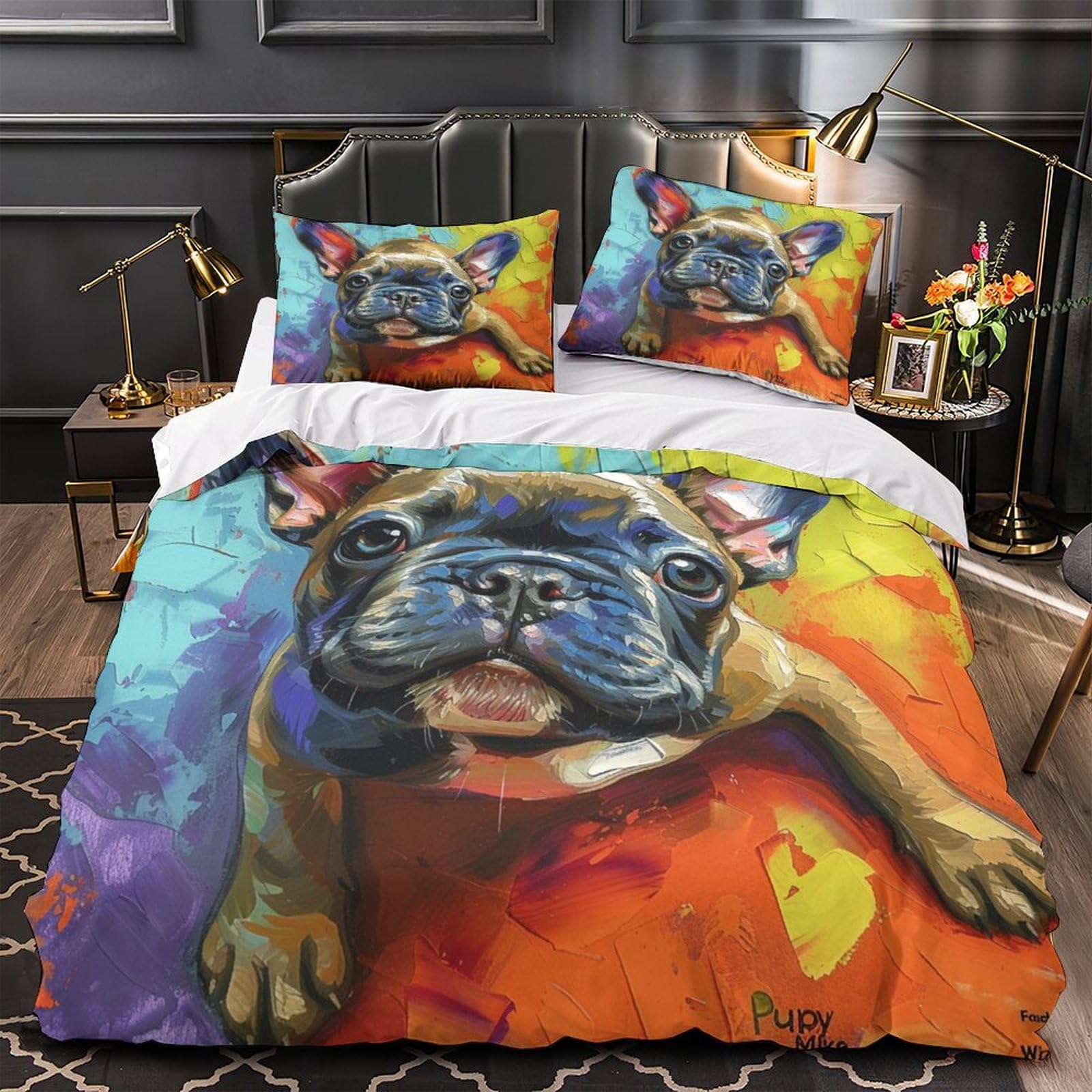 Housse de couette Bouledogue français en microfibre résistante et respirante avec zip