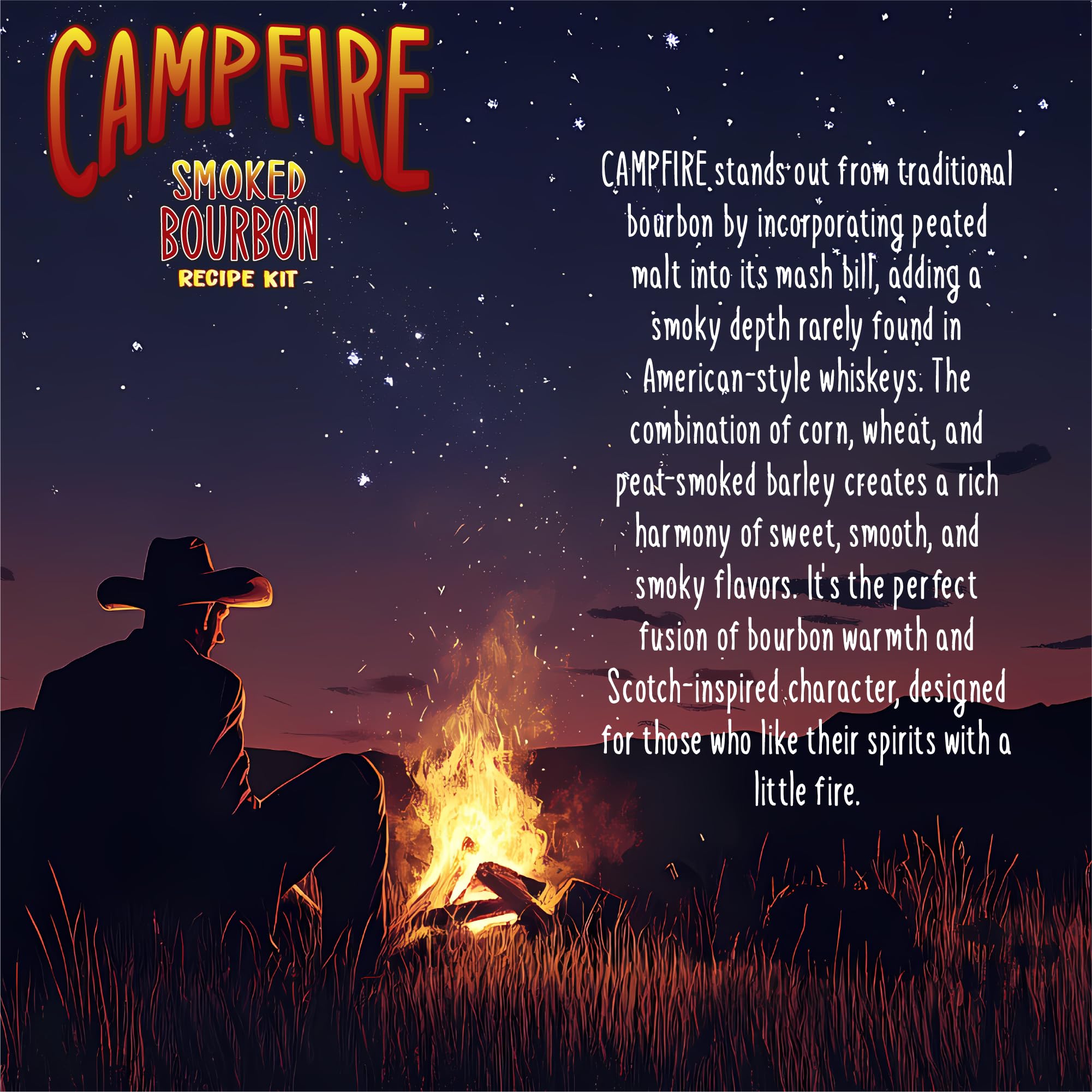 Tapcraft - Campfire Bourbon-Style Whiskey Recipe Kit – Cracked Corn & Smoky Peated Malt Mash | Oak Chips & Instructions – Home Distilling Recipe Kit