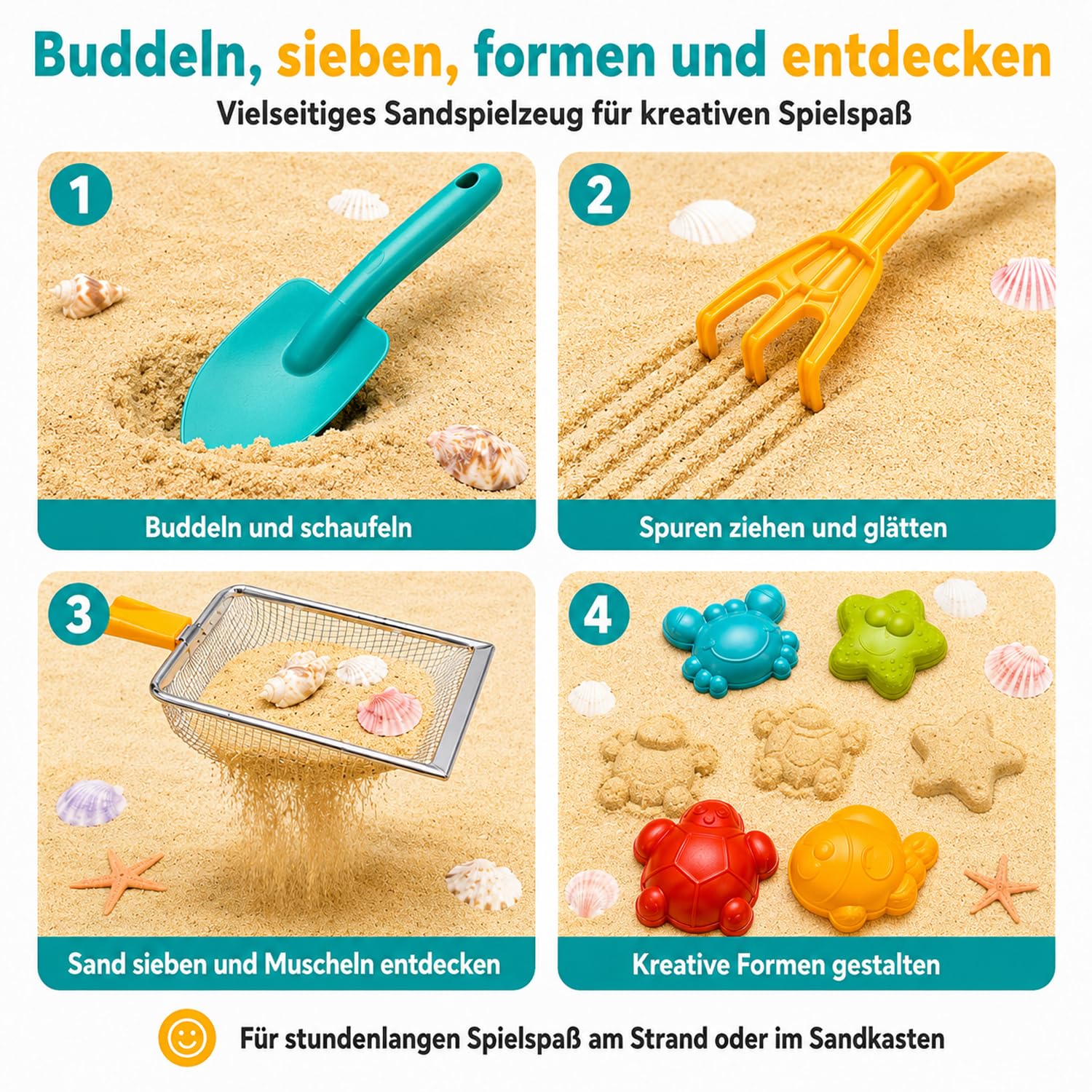 Sandspielzeug Kinder Strandspielzeug Set mit 2 faltbaren Eimern, Schaufel, Rechen, Sandsieb & Netzbeutel, 14-teiliges Sandkasten Spielzeug für Strand, Garten & Urlaub ab 3 Jahren