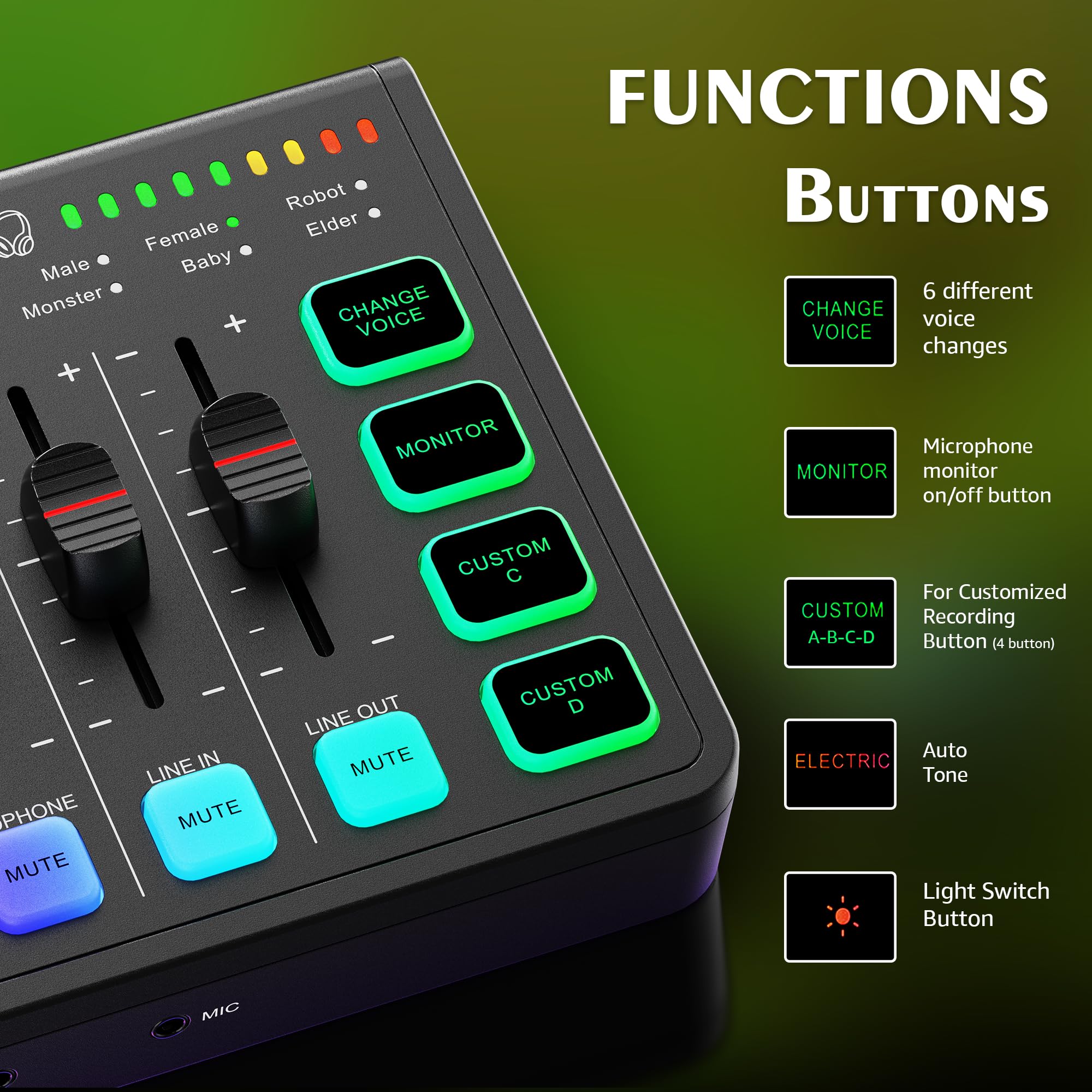 IXTECH Table de mixage audio de jeu 4 canaux, interface audio RVB pour PC avec prise en charge du microphone XLR, égaliseur audio pour jeu, podcast, streaming, karaoké, commandes de volume
