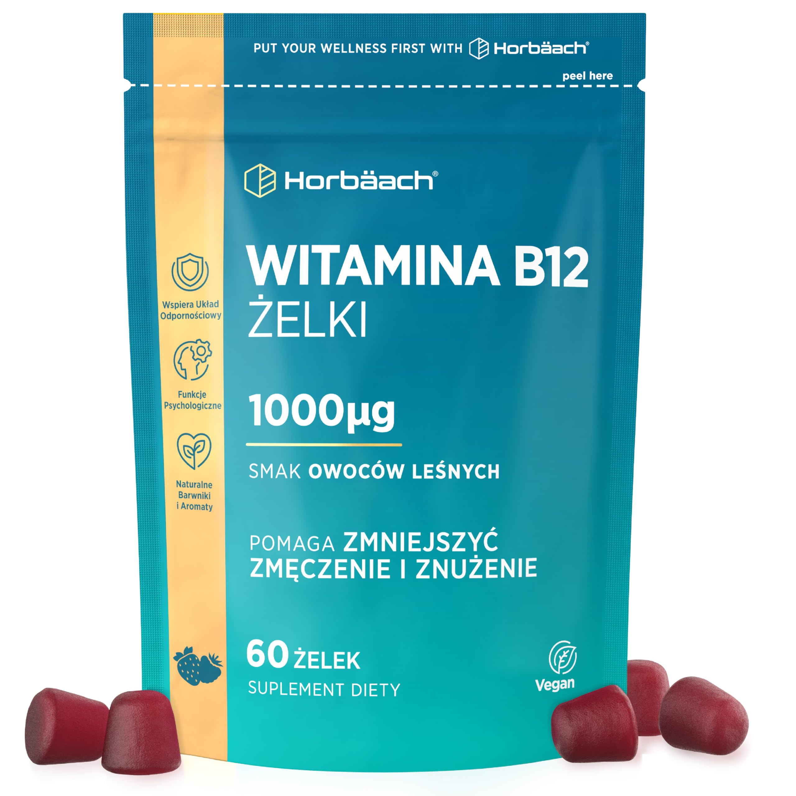 Witamina B12 Żelki 1000mcg | Wysoka dawka | Smak Owoców Leśnych | Suplement witaminy B12 (cyjanokobalamina) Wspierający Poziom Energii | Odpowiednie dla wegan | marki Horbaach