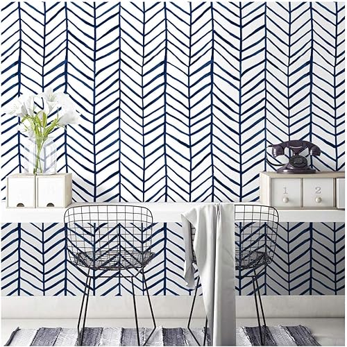 HAOKHOME Blue Wallpaper Navy Peel and Stick Wall Paper Modern Stripe for Bathroom Herringbone Removable Decoration 17.7in x 9.8ft