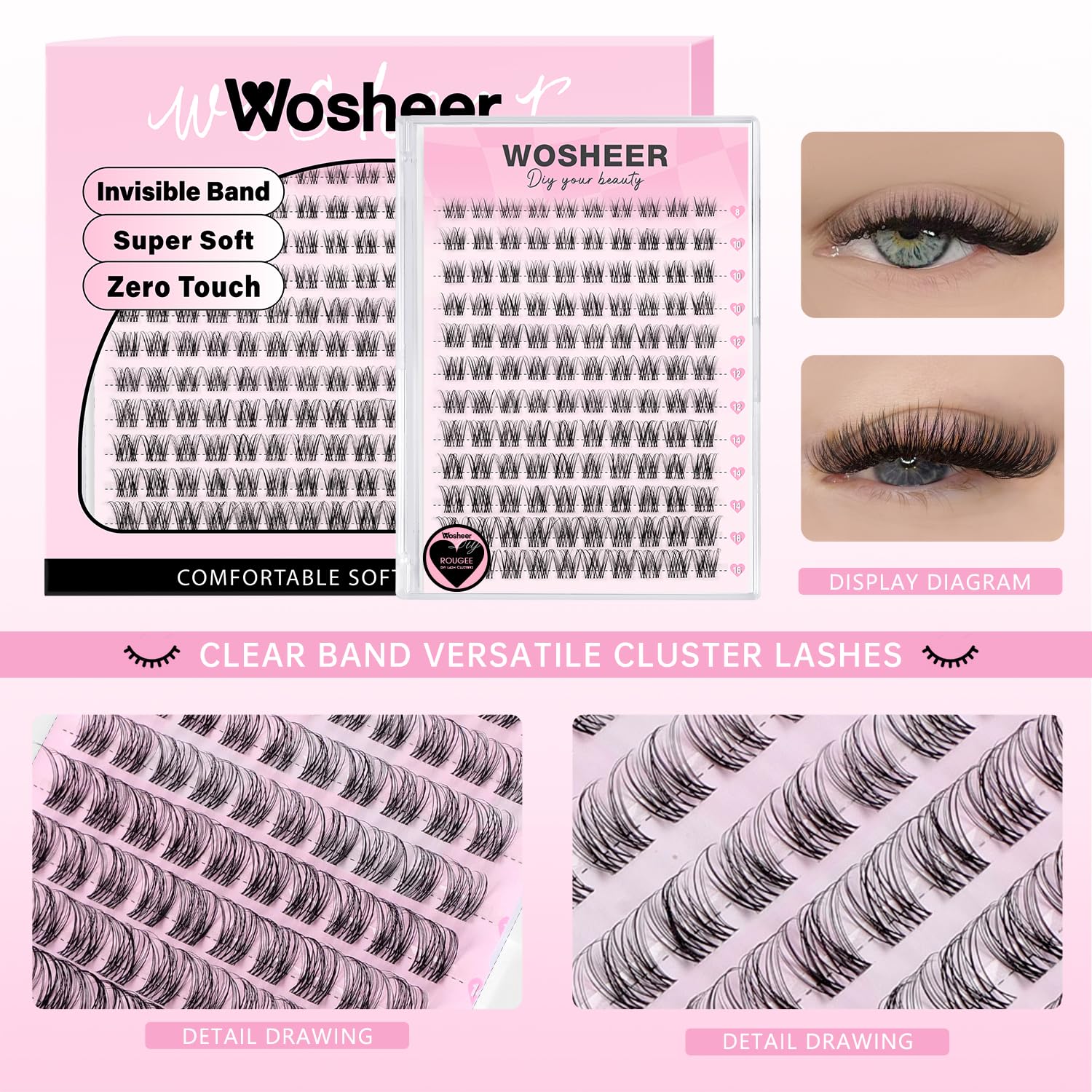 Wimpern Extensions Set, Lash Cluster Set, Wispy Natürliche Wimpern Cluster, D Curvature Diy Künstliche Wimpern with Bond and Seal & Remover (8-16mm, Rougee Set)
