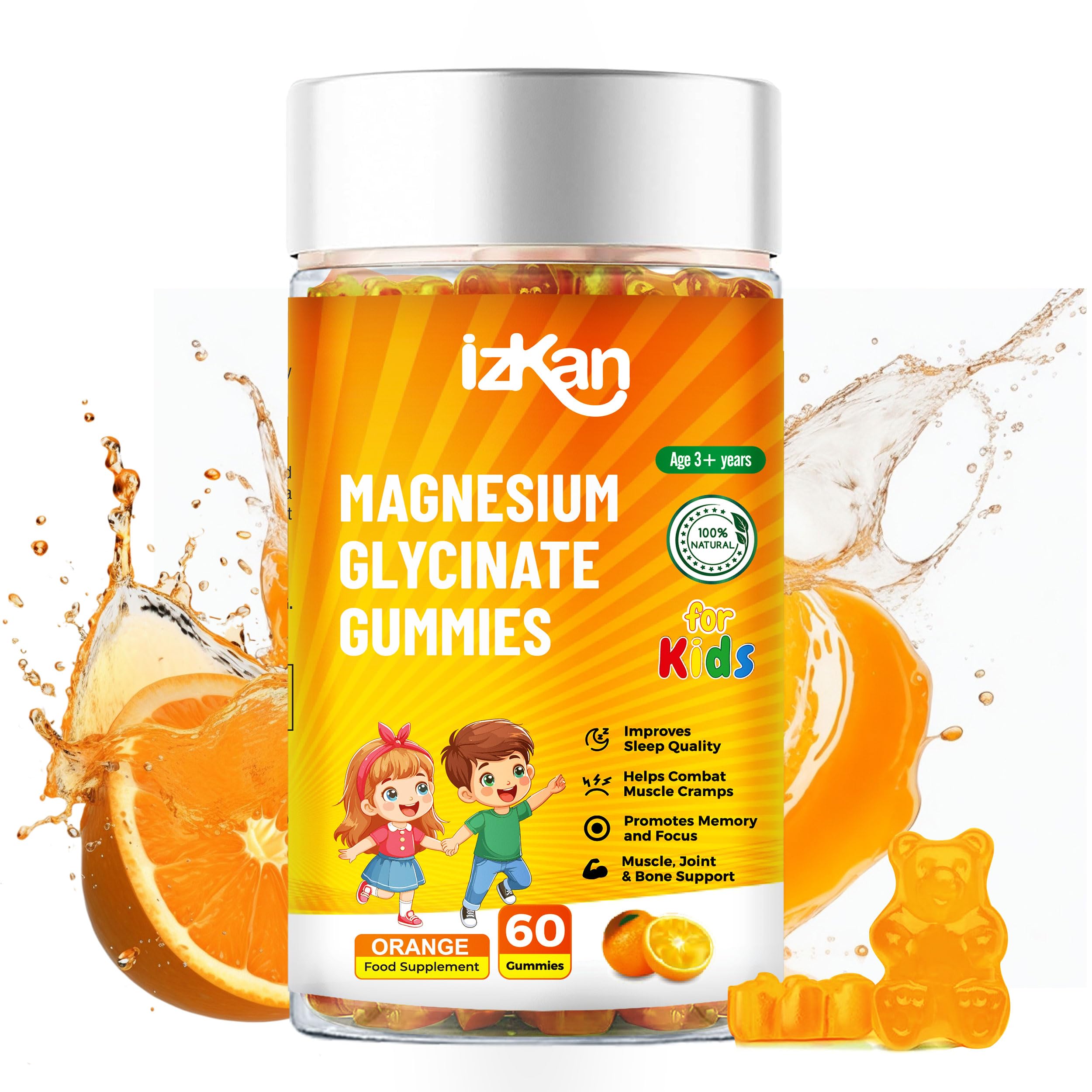Magnesium Glycinate Gummies 100mg for Kids, Vitamin D3 Magnesium Gummies for Sleep, Brain, Focus, Bone, Gluten Free, Non GMO, Vegan, 60 Gummies (1)
