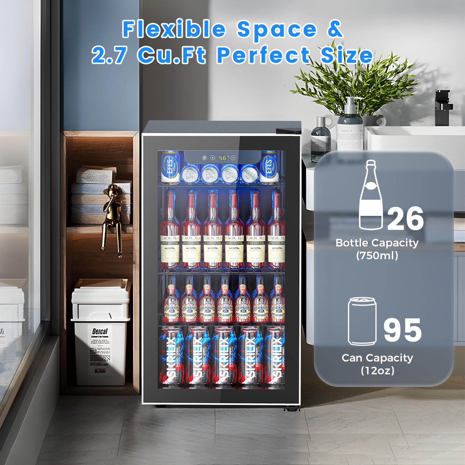 Electactic 95 Cans Beverage Refrigerator, 26 Bottle Mini Fridge, 2.7 cu.ft Drink Fridge Digital Temperature Control for Bottled Beer, Soda,Water
