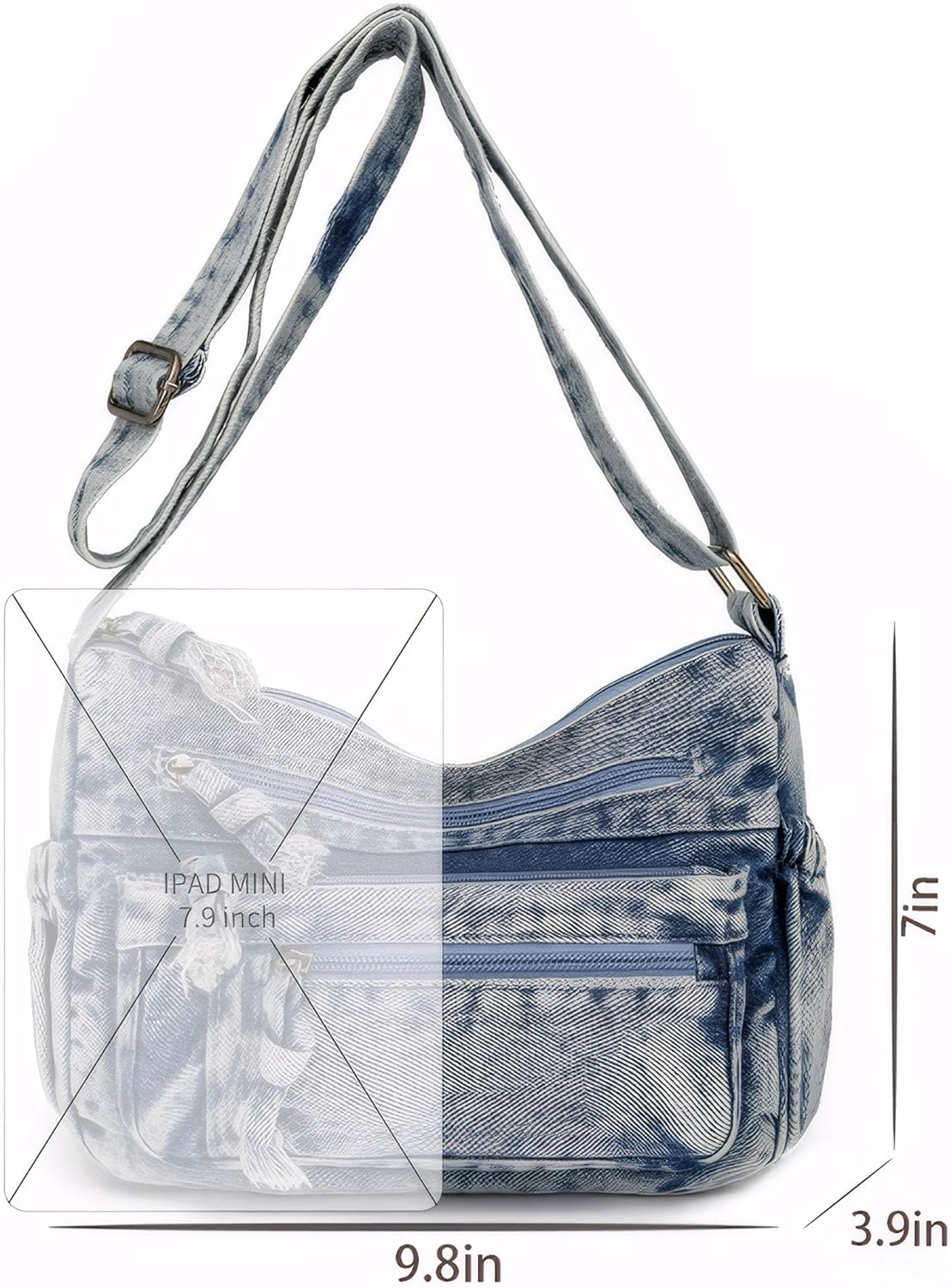 Vintage Denim Crossbody Bag for Women, Adjustable Strap Jean Purse, Blue Casual Shoulder Handbag - Image 4