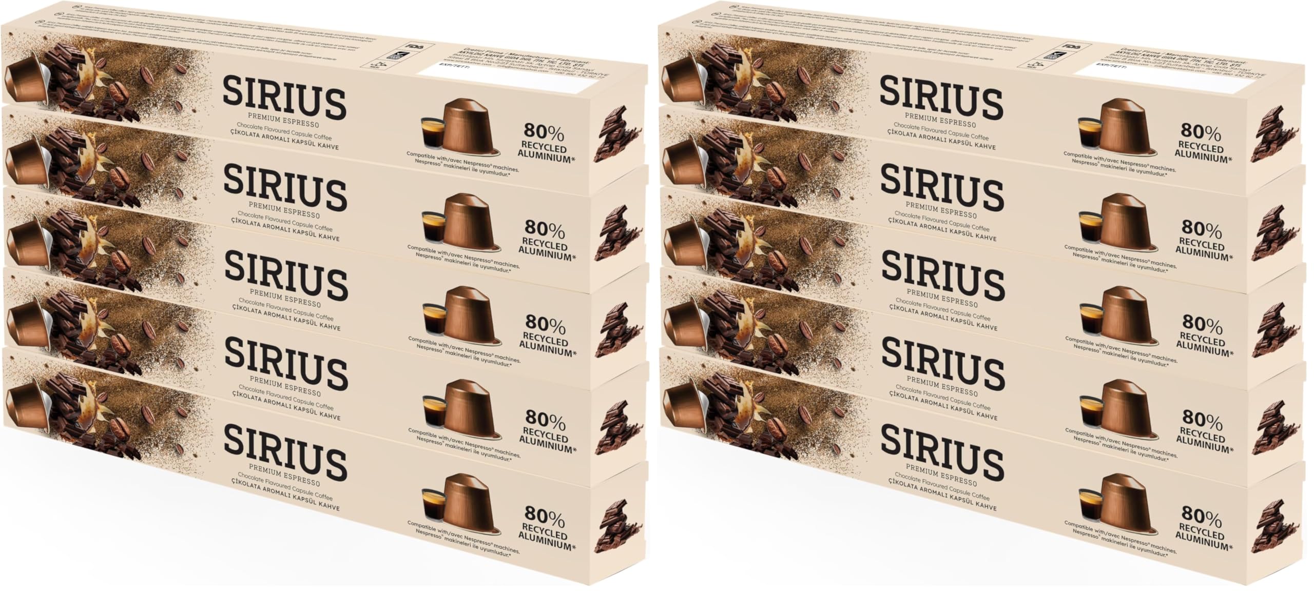 Sirius Premium Çikolata Aromalı Kapsül Kahve 5'li Set (50 Adet) (2 paketi)