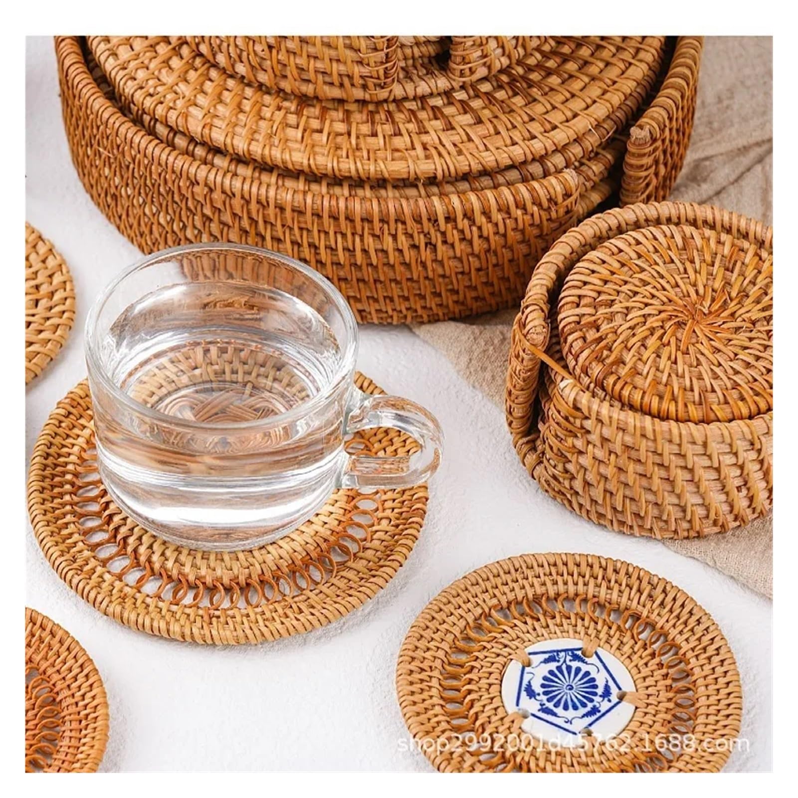 posavasos de ratán tejidos, Posavasos redondos de ratán tejido, paquete 4, 8-13 cm(Style2,13cm)