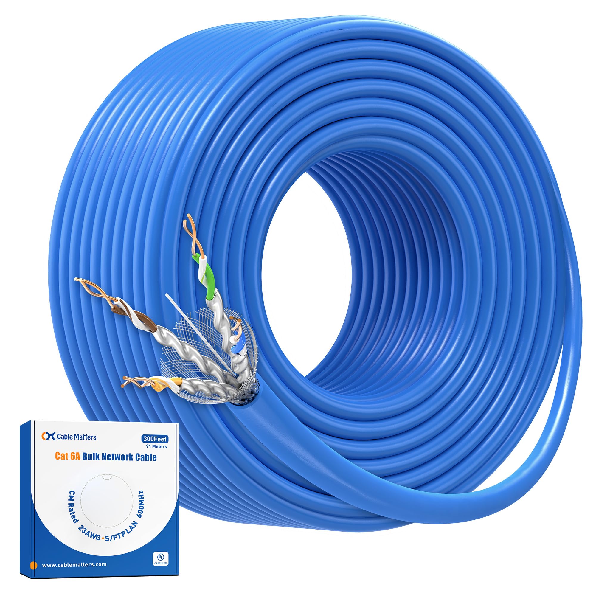 Cable Matters Cavo Ethernet Cat6a schermato in rame nudo da 10 Gbps a parete (CM) nominale 23 AWG, cavo Ethernet Cat6a, 91,4 m, solido, S/STP, S/FTP, cavo Ethernet Cat6a, blu