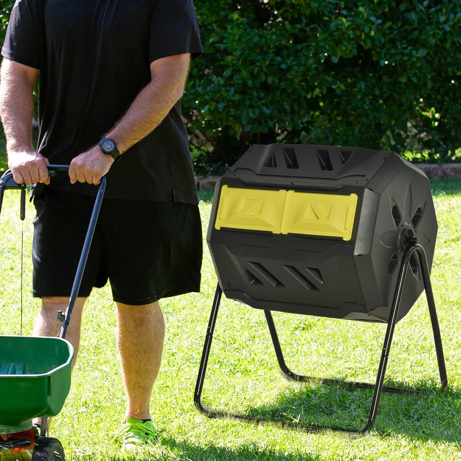 Dual Chamber Rotating Compost Bin 360° Rotating Composter (42.3 Gallon) - Outdoor, Yellow