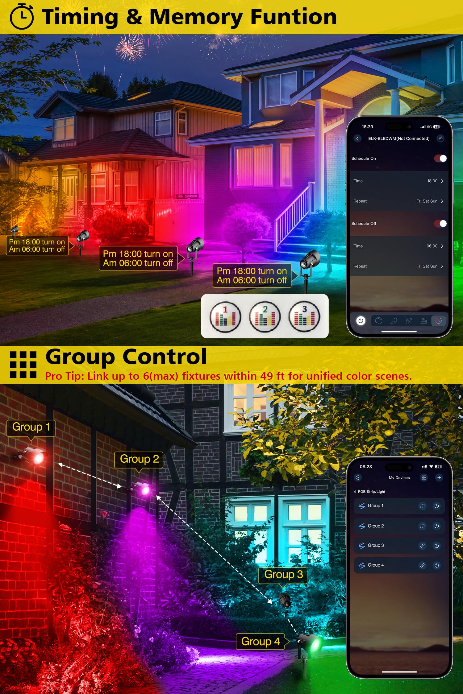 T-SUN 6 Pezzi Faretto RGB da Giardino con Telecomando & Bluetooth COB Alluminio Esterno con Adattatore A Tempo Colore Regolabile IP65 Impermeabile Faretti LED da Esterno per Sentiero Terrazza Natale