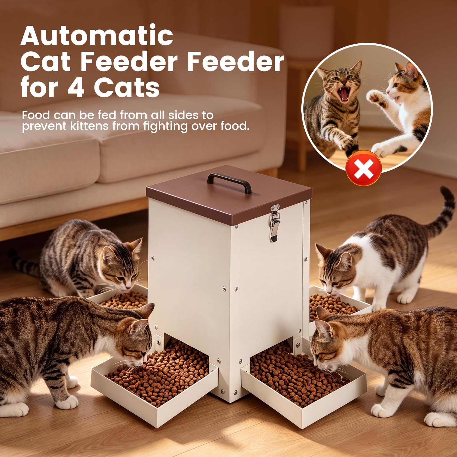 Mangiatoia automatica per gatti per 4 gatti, 5 l, distributore automatico di cibo per gatti, con ruote, per cuccioli e gattini, mangiatoia per gatti da esterno (senza ruote)