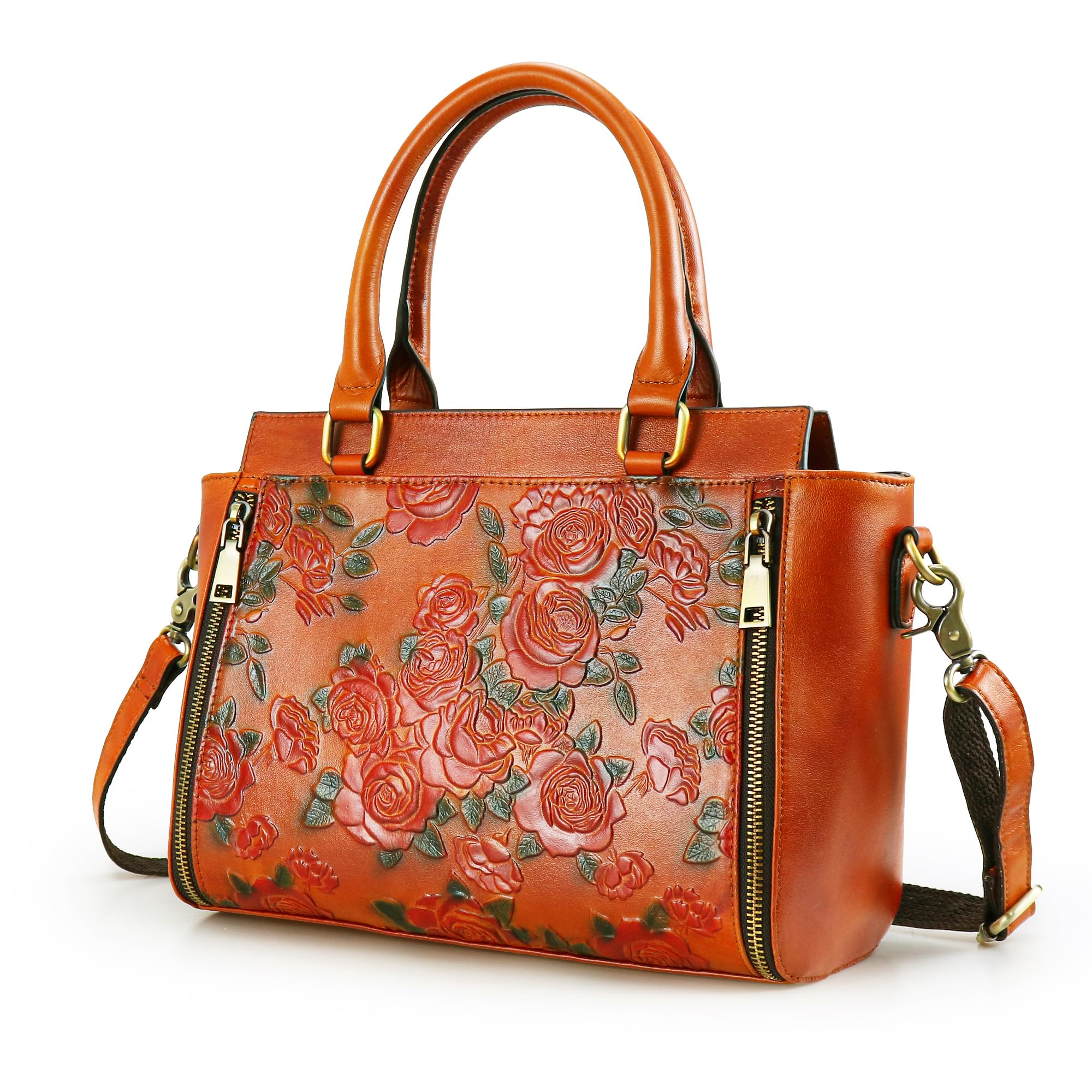 VRHUISCrossbody Bag for Women Leather Shoulder Bag Medium Satchel Vintage Embossing Rose Large Capacity