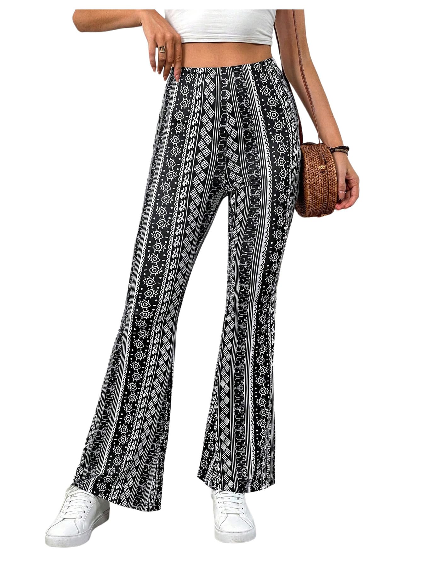 WDIRARA Womens Marble Print Elastic High Waist Flare Bell Bottom Pants