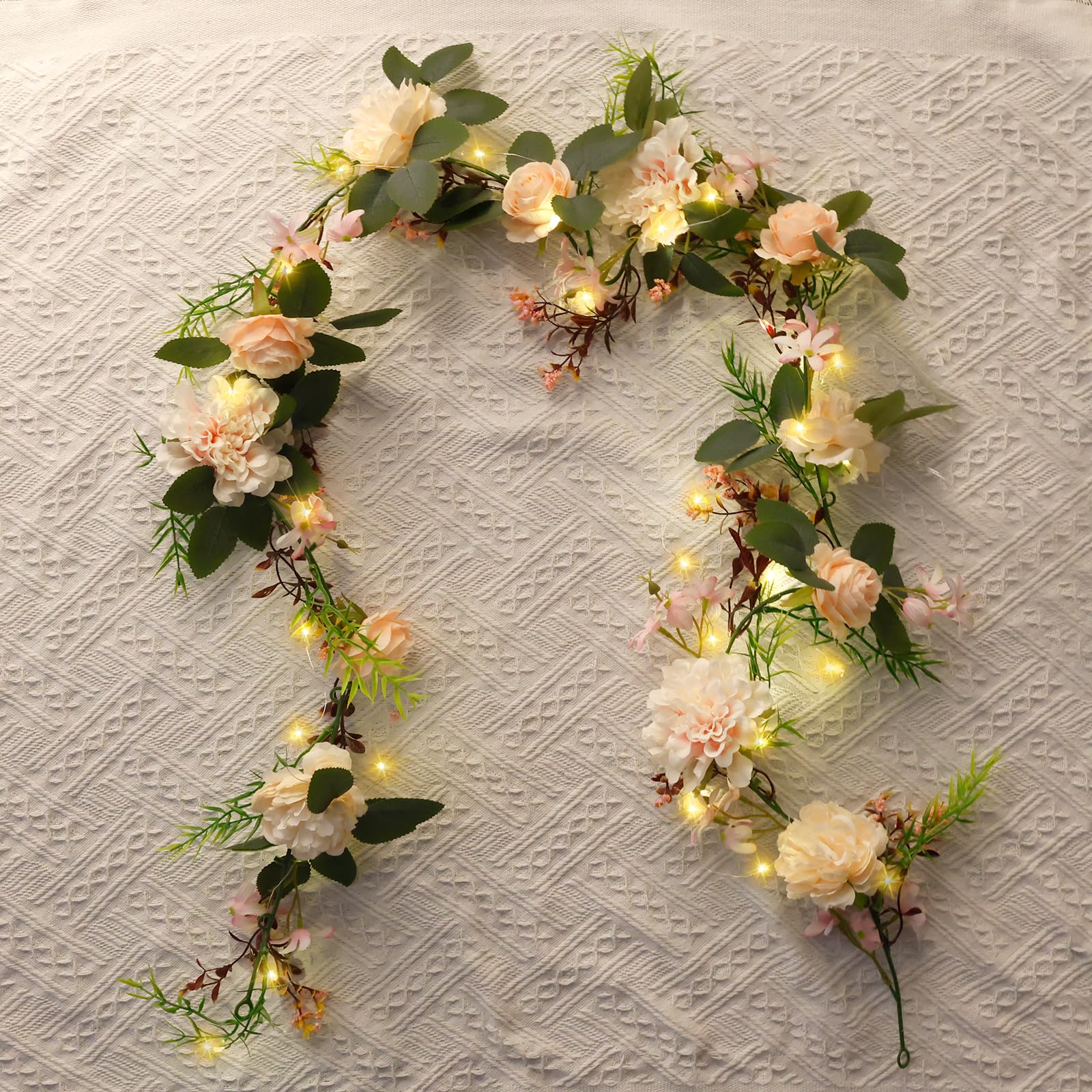 Dadabig 180CM Petalos de Rosa Artificiales + Luz LED, Rosas Artificiales Guirnalda de Flores Artificiales Enredaderas Artificiales Decorativas Guirnalda Flores Decoración para Bodas