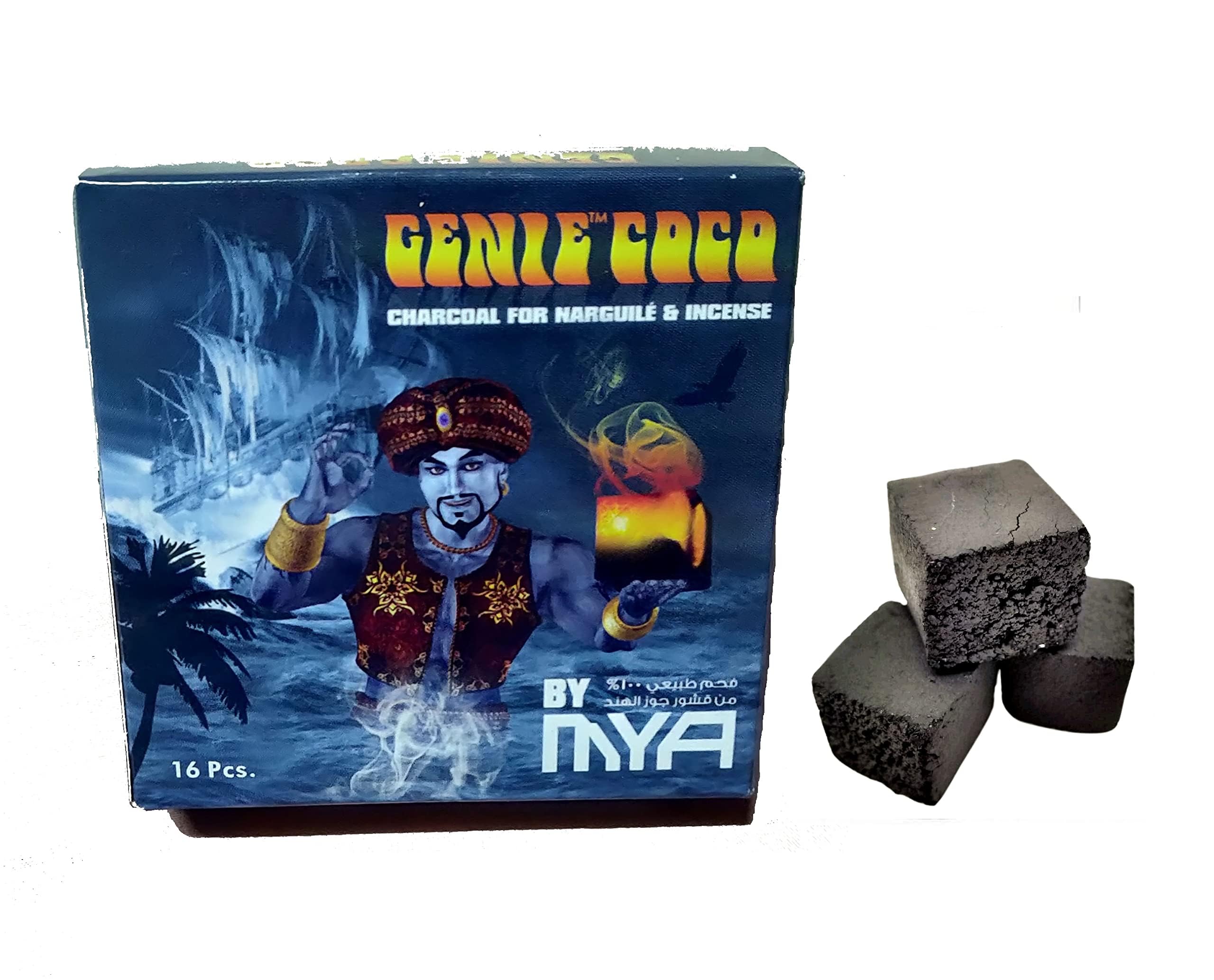 Genie Coco Hookah Coal Smokers Charcoal Pack [1 Box in 16 Cube Piece]