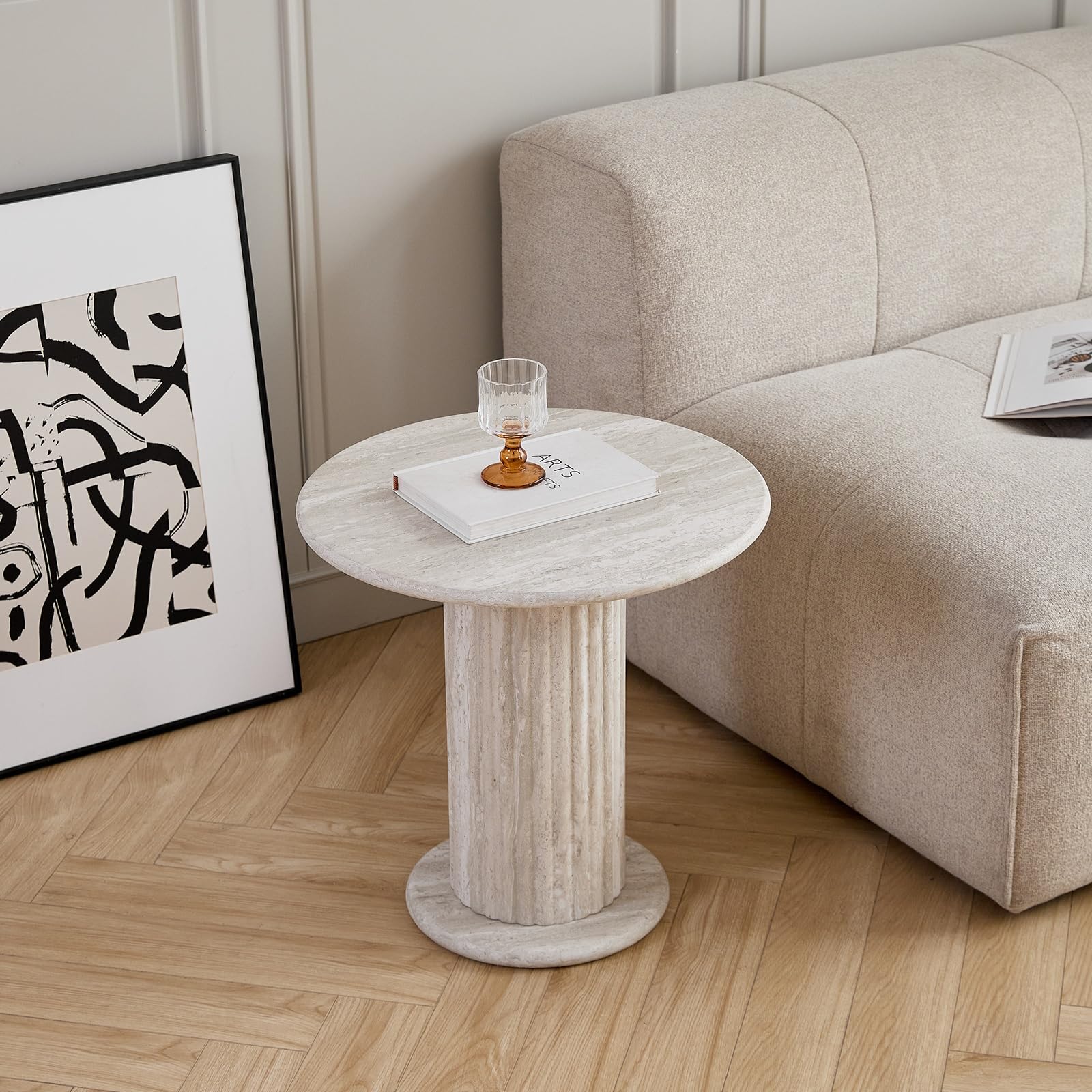 GrandCA HOME Set di 2 Tavolini Rotondi Impilabili con Gambe Cilindriche ed Effetto Travertino Grigio Finto, Tavolino da Caffè in Stile Minimalista Moderno per Soggiorno o Camera da Letto
