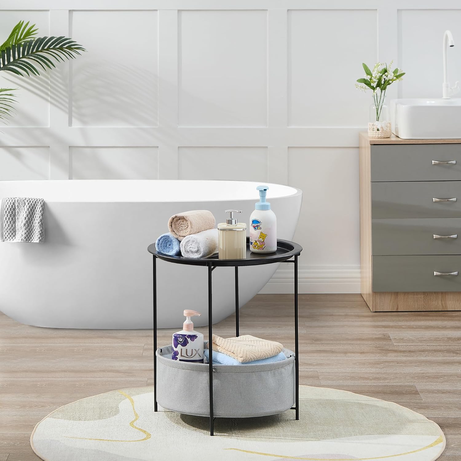 VECELO Round Side/End Table with Fabric Storage Basket，Metal Anti-Rust and Waterproof Small Bedside Nightstand with Removable Tray Top for Living Room，Balcony & Laundry，Black /1pcs with Basket