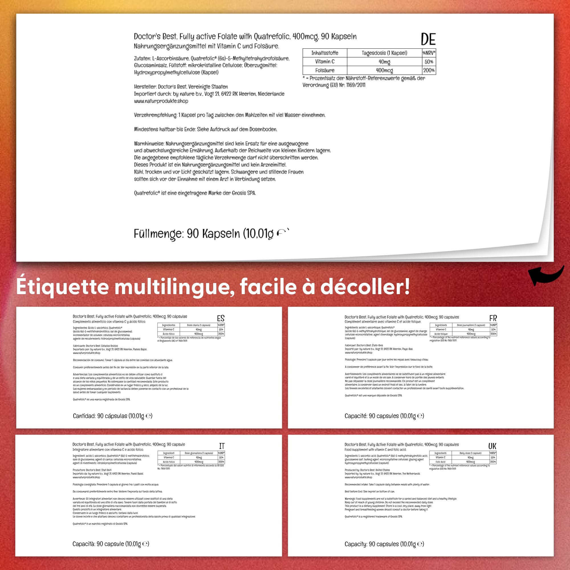 Doctor's Best, Fully Active Folate (Acide Folique), avec Quatrefolic, 400 mcg, 90 Capsules végétaliennes, Vitamine C, Testé en Laboratoire, Haute Dose, Sans Gluten, Sans Soja, Sans OGM
