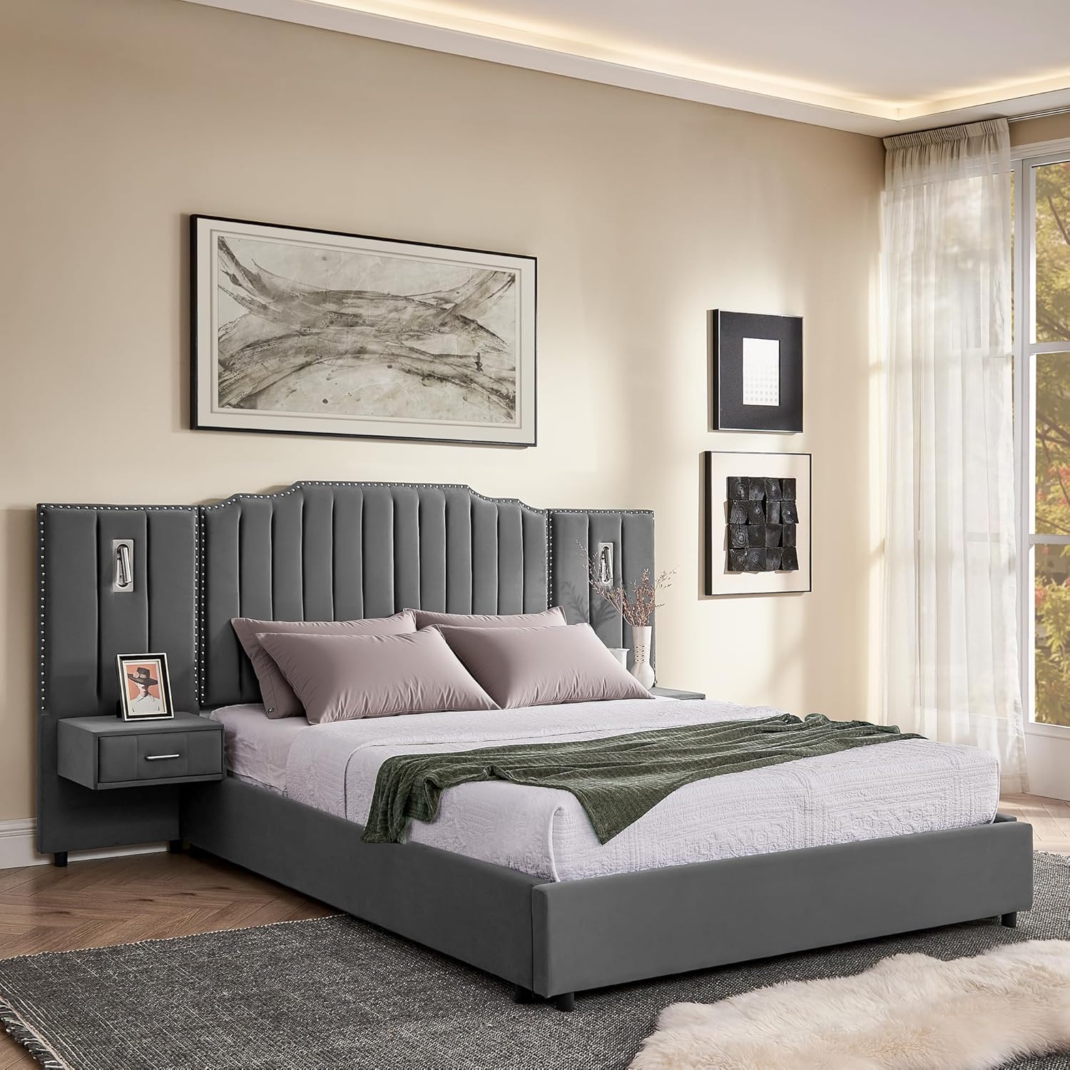 Queen Bed with Large Upholstered Headboard, Velvet Fabric Bed Frame with LED Lights and Nightstands, Floor Platform Bedframe with Wood Slat Support, Noise Free, Gray