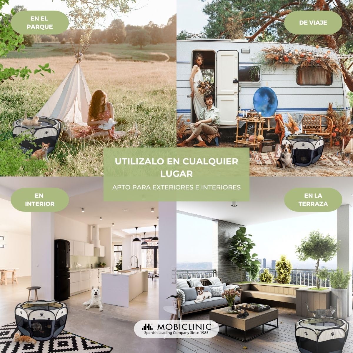 Mobiclinic® Pets, Parque para Perros, Plegable, 114x114x58cm, Scooby, 2 accesos, 8 Ventanas, Cinta elástica Guardar, Interior y Exterior, Tela de Malla 600d, Fácil Limpiar, Gris