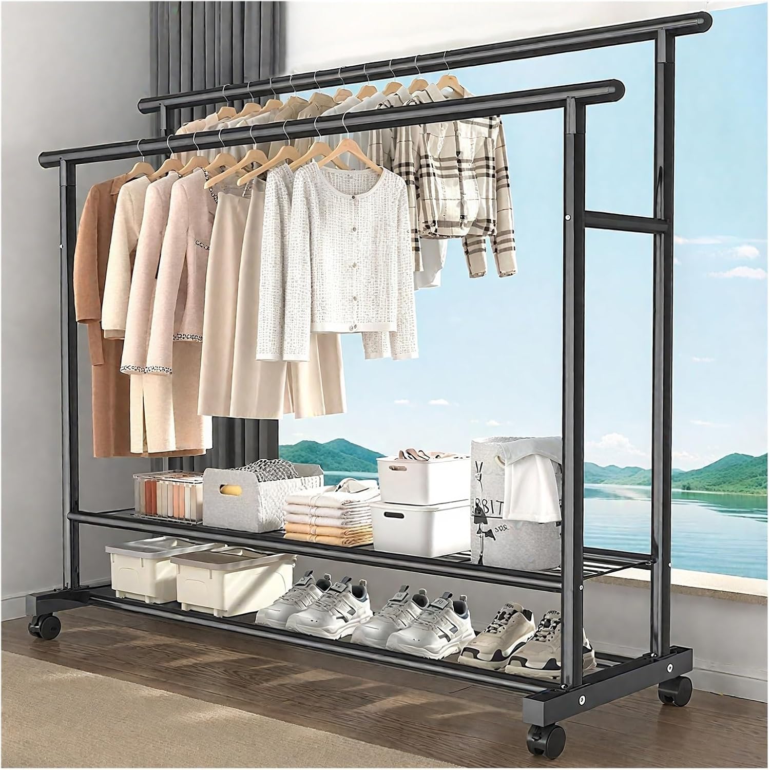Double Rods Clothes Rack, Metal Garment Rack, Rolling Clothes Organizer On Wheels, Portable Wardrobe Racks For Bedroom Living Room Clothing Store(Black,120cm/47.2in)