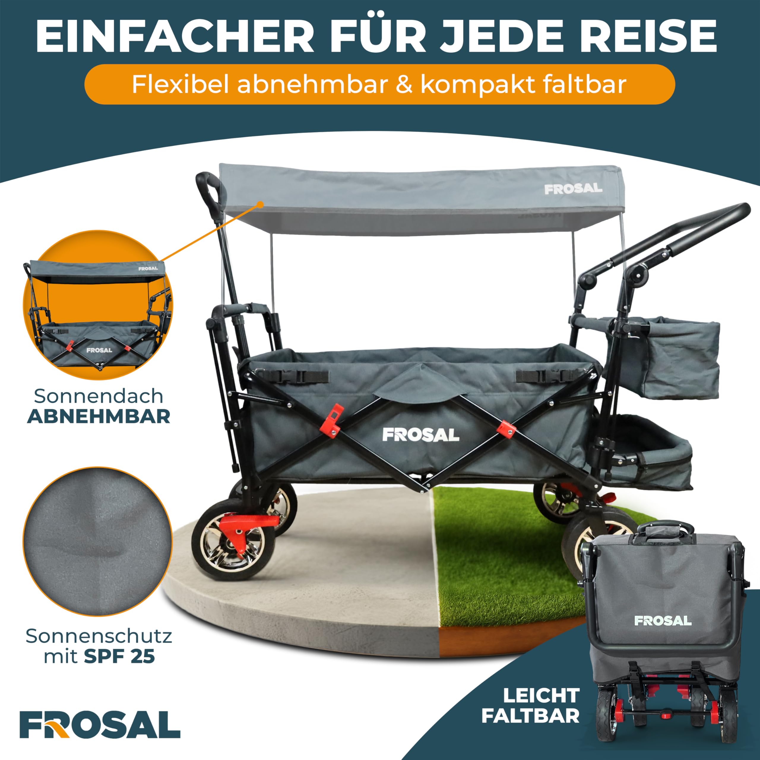 FROSAL Bollerwagen Leo grau – faltbar mit Sonnendach LSF 25 – pannensichere PU-Räder Ø ca. 20 cm – 80 kg Traglast – Vorderräder 360° drehbar – Bremsen vorne & hinten – Schiebegriff & Zugstange