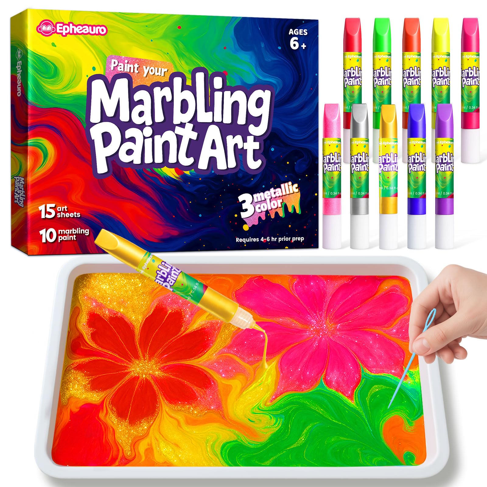 Epheauro Wasser-Marmorierfarbe Set für Kinder – Metallic Gold, Silber & Roségold, Wasser-Malerei Bastelset für Mädchen & Jungen, Kreatives Kunst- und Bastelgeschenk ab 6–12 Jahren