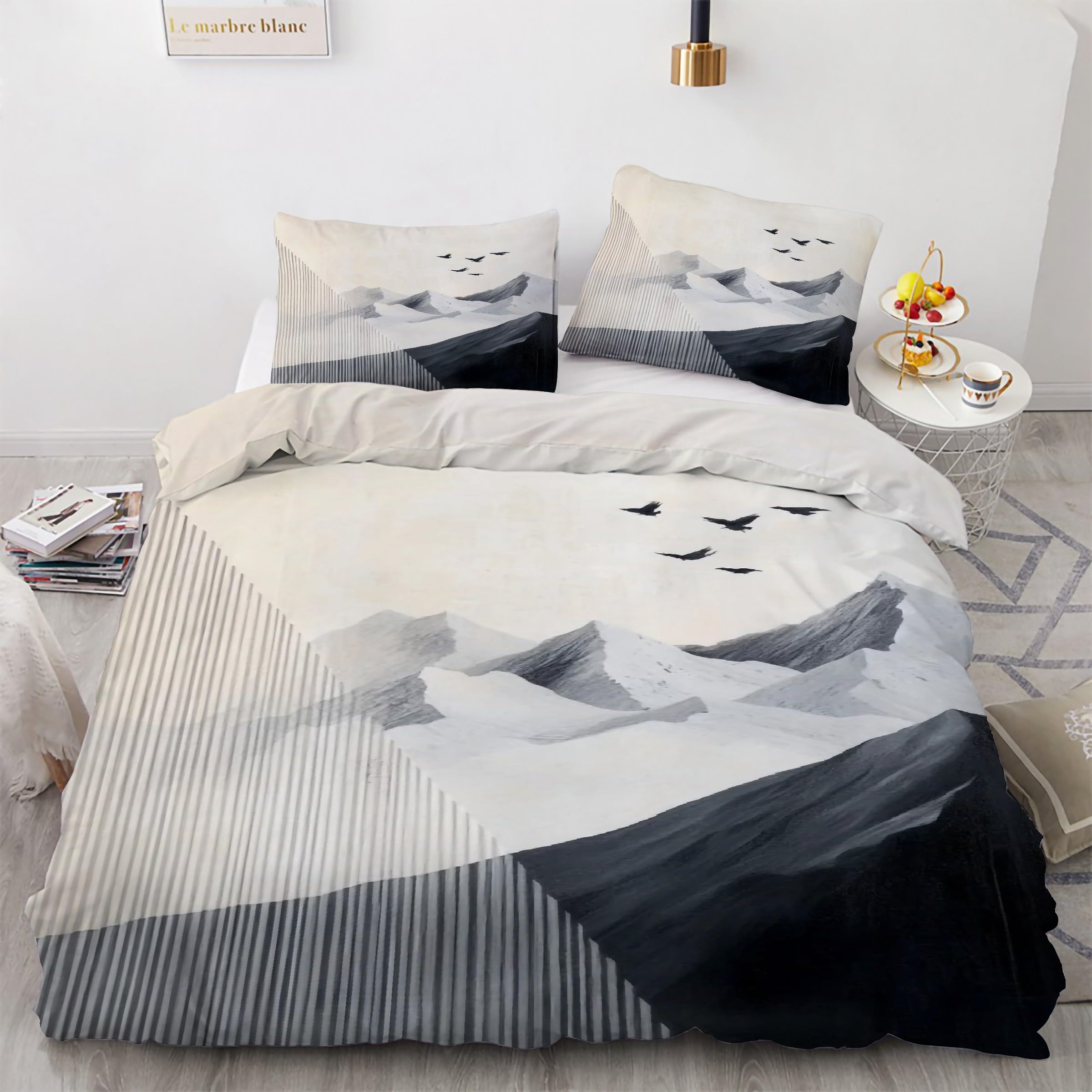 Housse de couette microfibre 200x200 imprimé montagne avec taies oreiller zippées