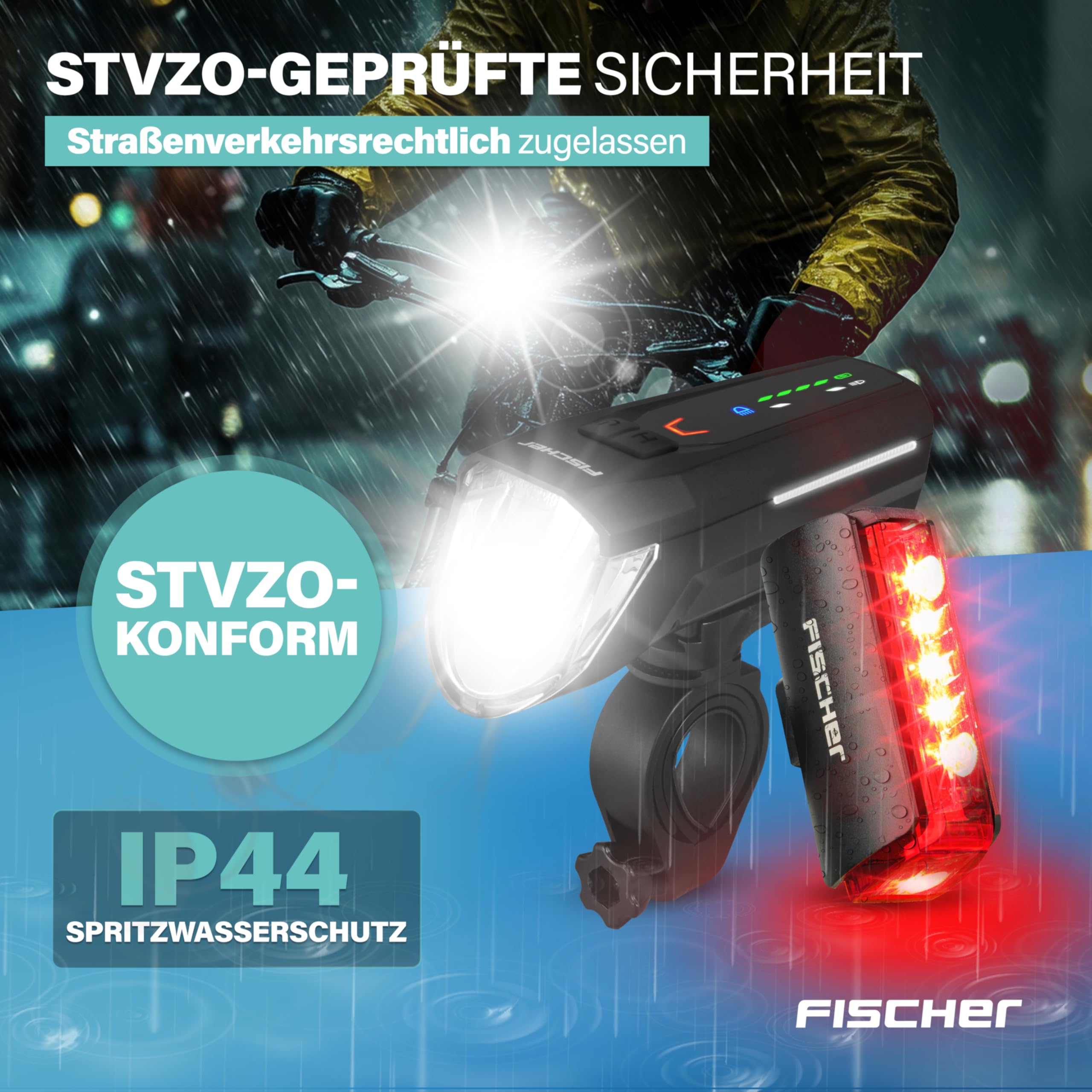 Fischer Fahrrad LED-Akku Beleuchtungs-Set Twin Stop 100 Lux, mit Sensormodus, Lange Leuchtdauer, stabiles Aluminium-Gehäuse, schwarz, 1 Stück