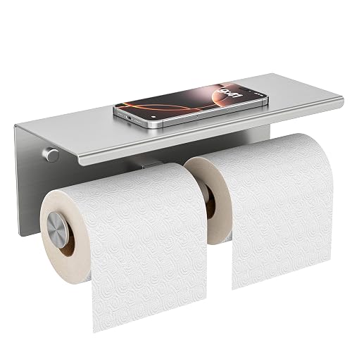 FORIOUS Toilet Paper Holder with Shelf, Commercial Toilet Paper Dispensers | Brushed Nickel | Wall Mount Bathroom Tissue Holder | SUS304 Stainless Steel Rustproof | Double Tissue Roll Holder