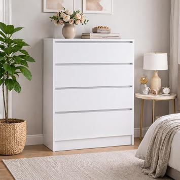 WHATSIZE ENTERPRISE Chest of Drawers for Bedroom, 4 Drawer White Dresser with Contemporary Design, Tall Storage Cabinet for Clothes, Bedroom Furniture, Easy Assembly