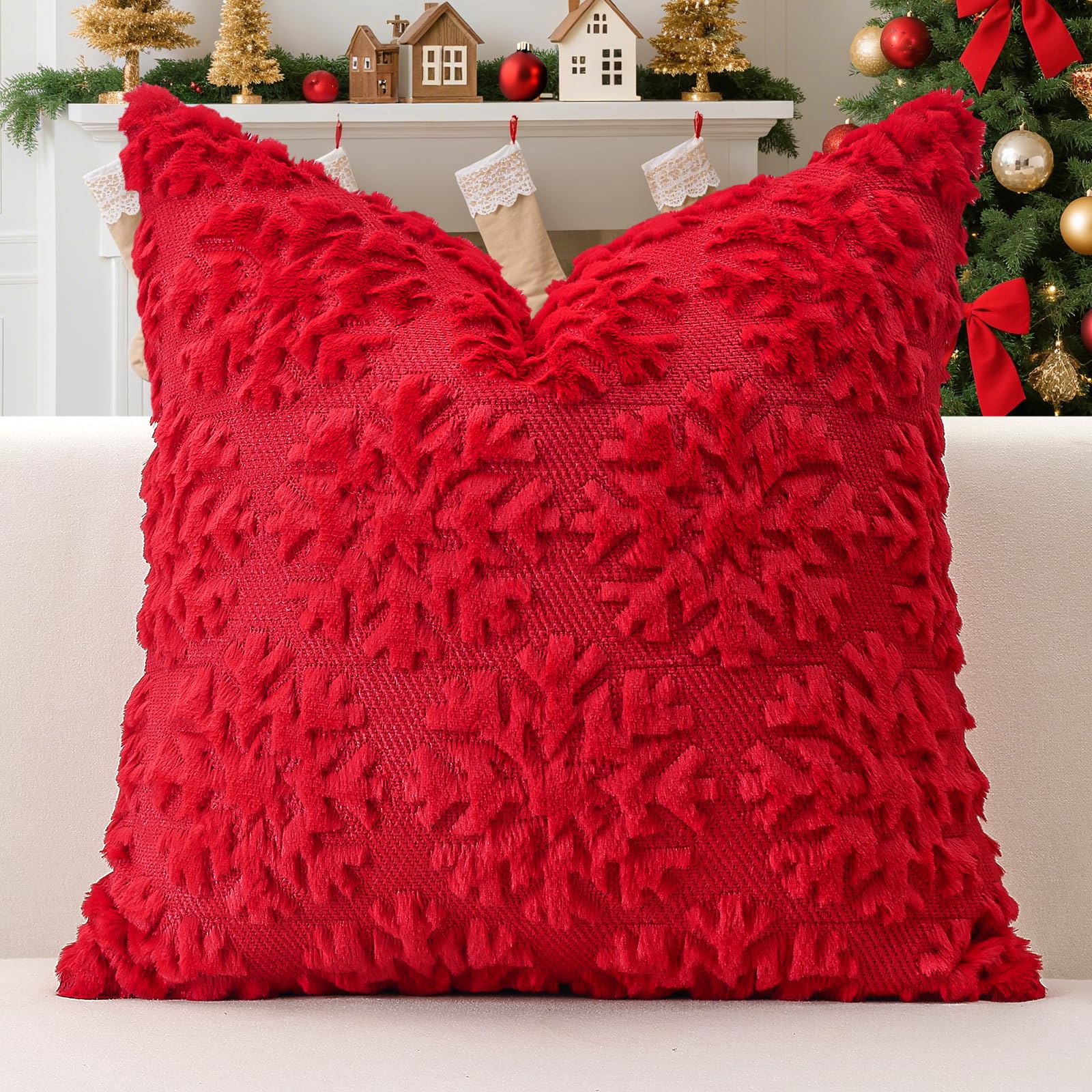 Artscope Set of 1 Xmas Soft Plush Short Wool Velvet Decorative Cushion Covers 40x40cm Square Luxury Style Throw Pillow Covers Pillow Shell for Sofa Bedroom Christmas Snowflake Red — image 1