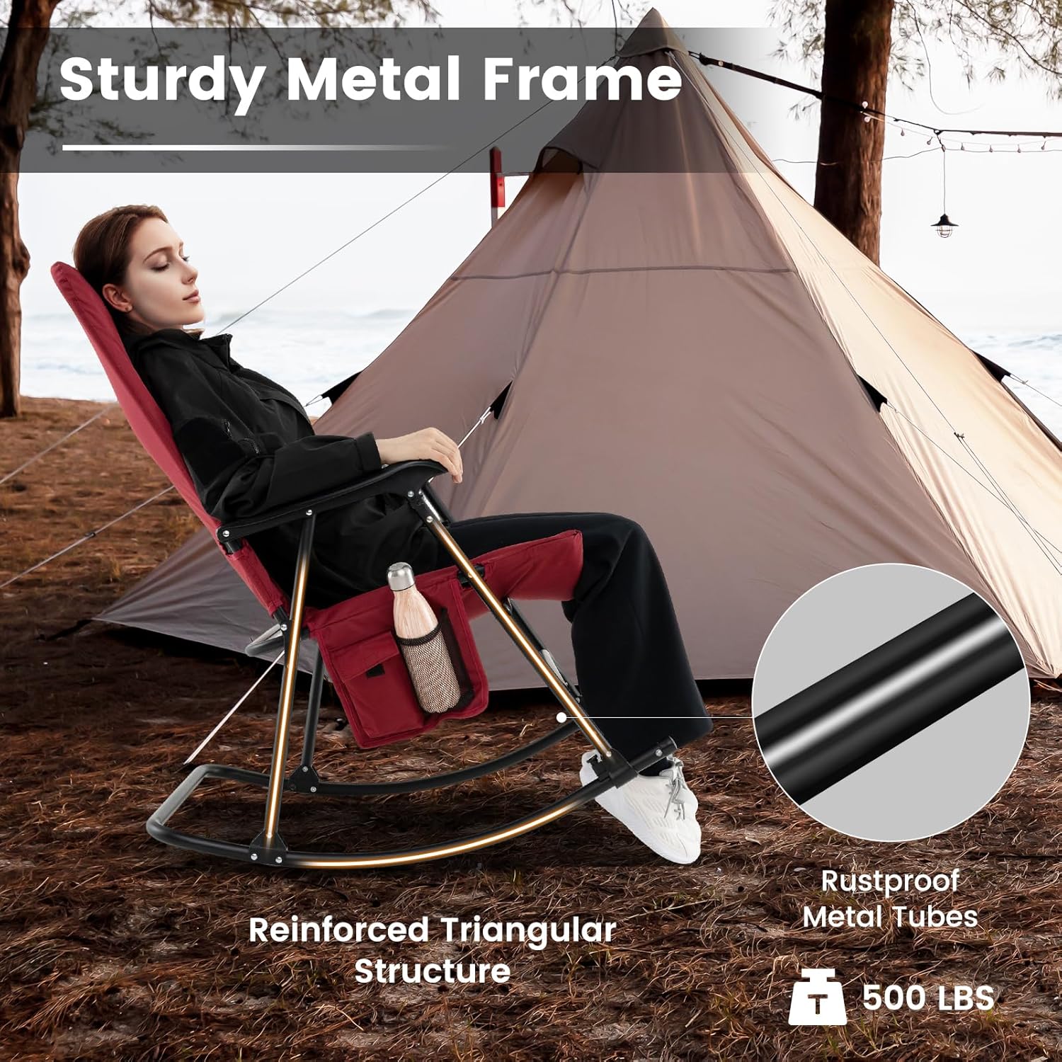 Goplus Oversized Folding Rocking Chair, Padded Patio Lounge Rocker w/Metal Frame, Armrests, Side Pocket, Lightweight Portable Rocking Chair for Backyard Camping Travel, Supports up to 500 lbs(1,Red)
