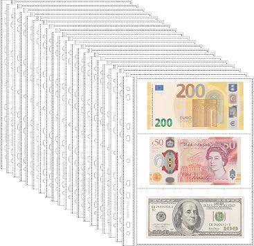 20 Sheets Currency Pages for Paper Money Collection - 3 Pockets Currency Sleeves/Currency Holder Collecting Album Pages for Paper Money Bill Banknote Coupon IN02020