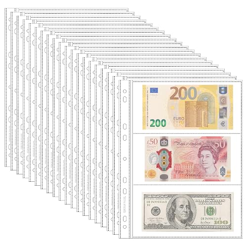 20 hojas de páginas de moneda para la colección de papel moneda 3 bolsillos