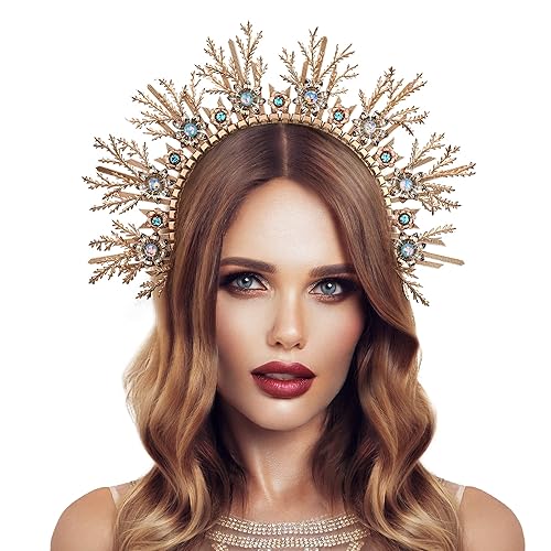 Gold Leaves Halo Crown Headpiece Woodland Goddess Zip Tie Headband for Women Princess Hair Accessory Cosplay Adult Tiara Photoshoot Props Bridal