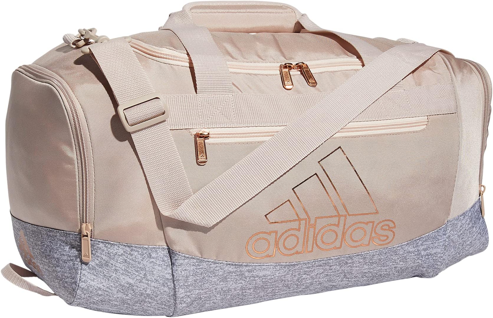 adidas Unisex Adult Defender 4.0 Duffel, Durable Athletic Sports Gym Travel Bag for Men and Women, Wonder Taupe Beige/Jersey Grey/Rose Gold, Small (38 L)
