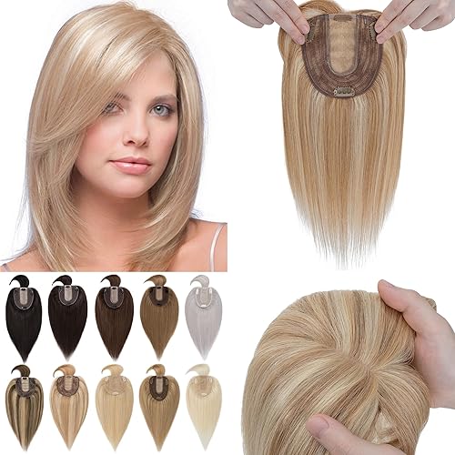 SEGO Hair Toppers for Women With Bangs 100% Real Human Hair 130% Density 10 * 12CM Silk Base Clip in Top Wiglet Hair Pieces for Thinning Hair-6 Inch Golden Brown&Bleach Blonde
