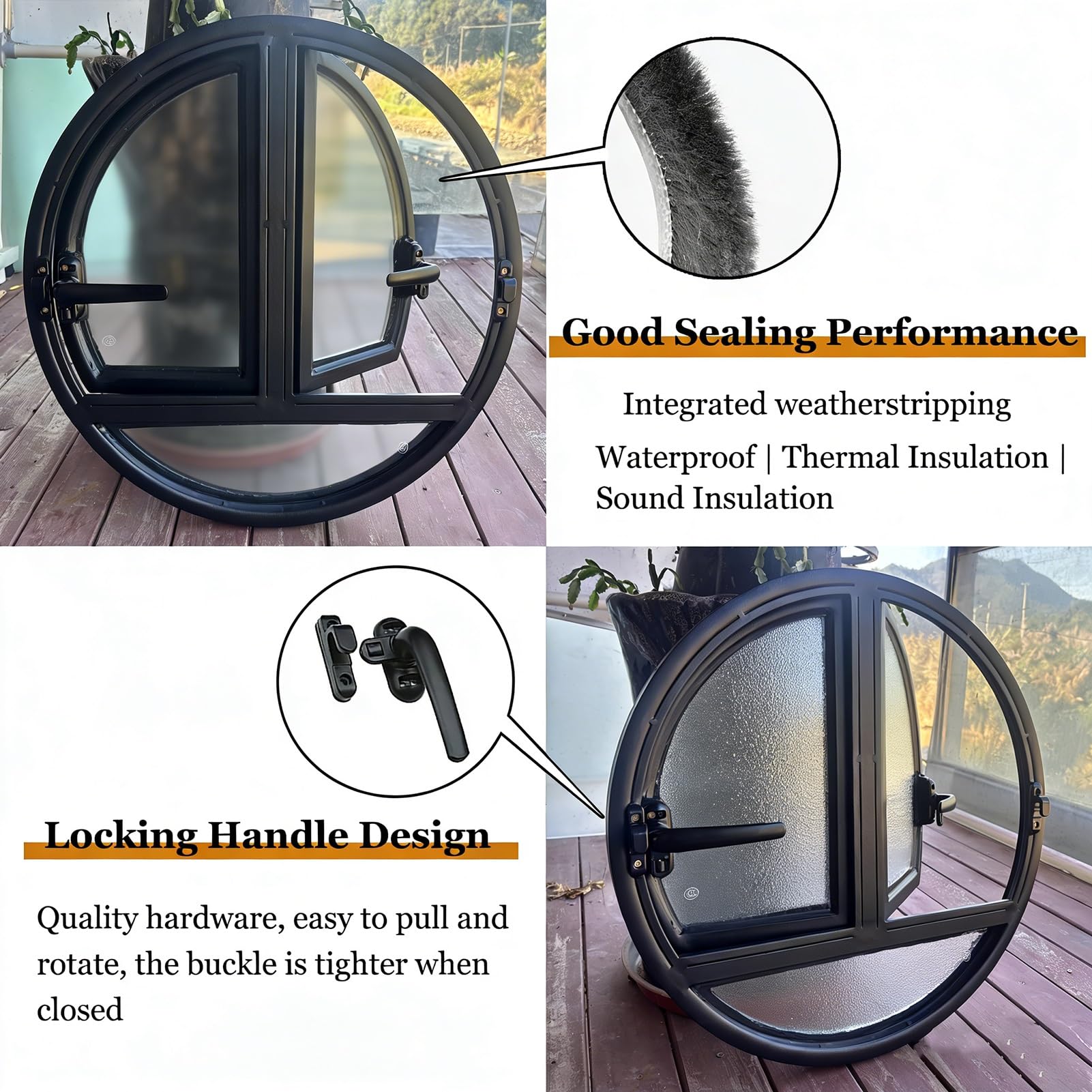Ventana Ventana Abatible Redonda De Doble Apertura con Manija Bloqueable, Reemplazo De Ventana con Marco De Aluminio con Vidrio Templado, Personalizable(Black,137 cm/53.9 in)