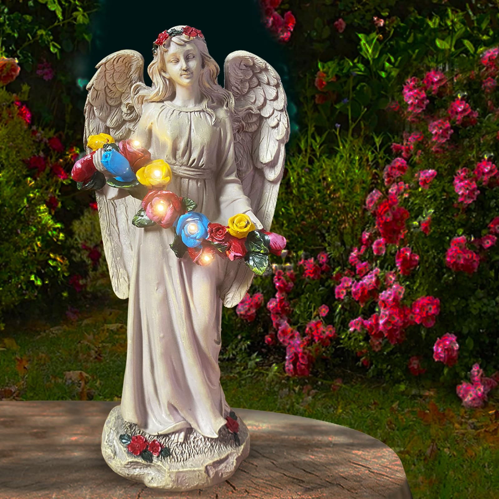 Angel Statues for Garden, Solar Angels for Outside, Angels Sculpture Holding Wreath for Outdoor Patio Lawn Balcony Ornament Gifts for Women/Mom/Grandma