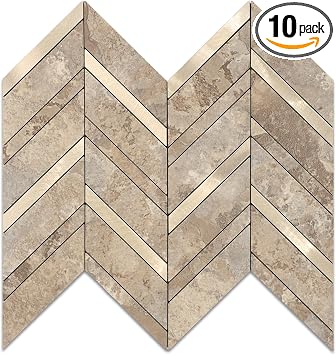 Yipscazo 10-Sheet Herringbone Backsplash Peel and Stick Tile, Beige Stone Mixed Metal Gold PVC Stick on Backsplash for Kitchen, Waterproof Self Adhesive Wall Tile for Bathroom