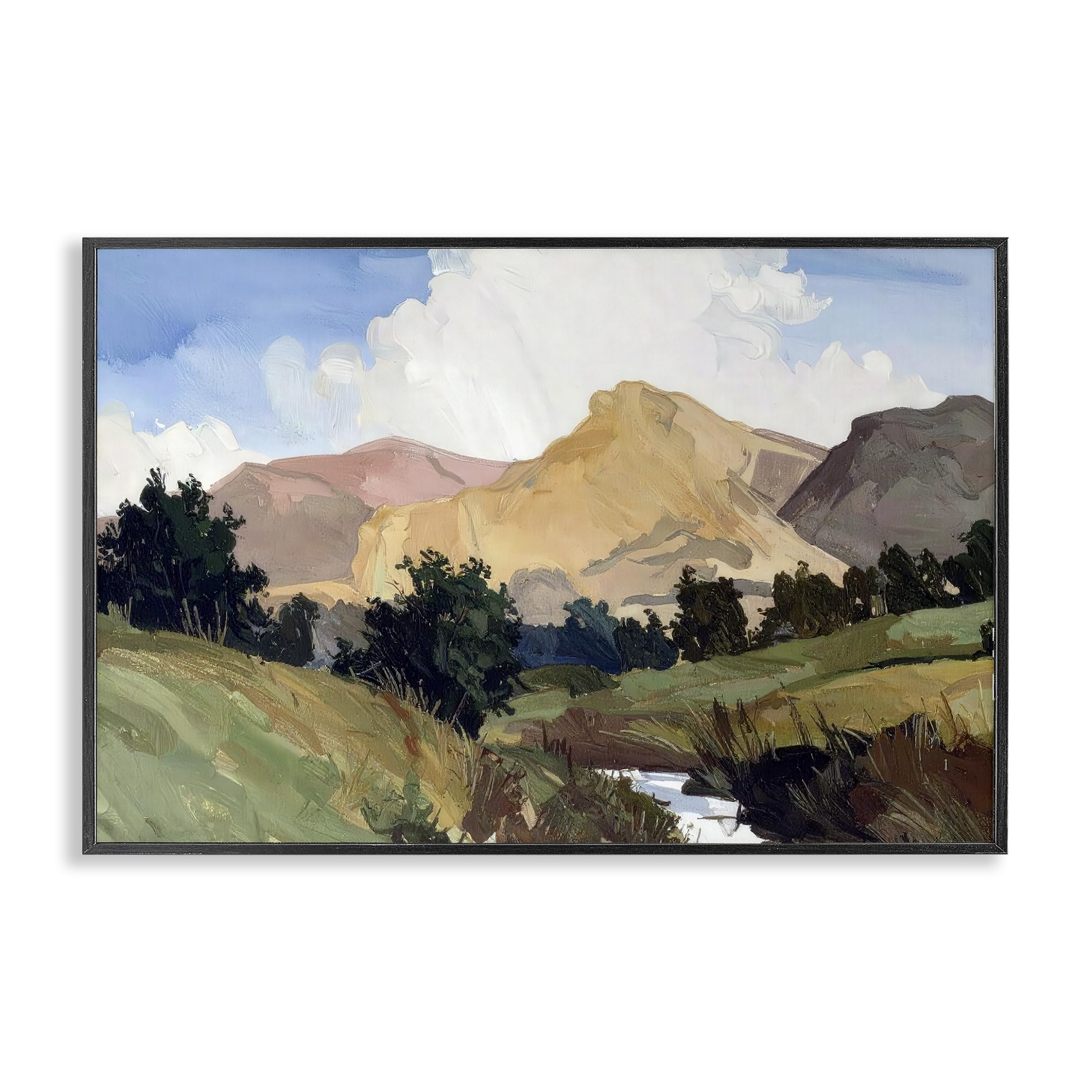 Stupell Industries Midnight Black (Textured) River Mountain Divide Landscape, 16 X 24 Inch Framed Giclée Print