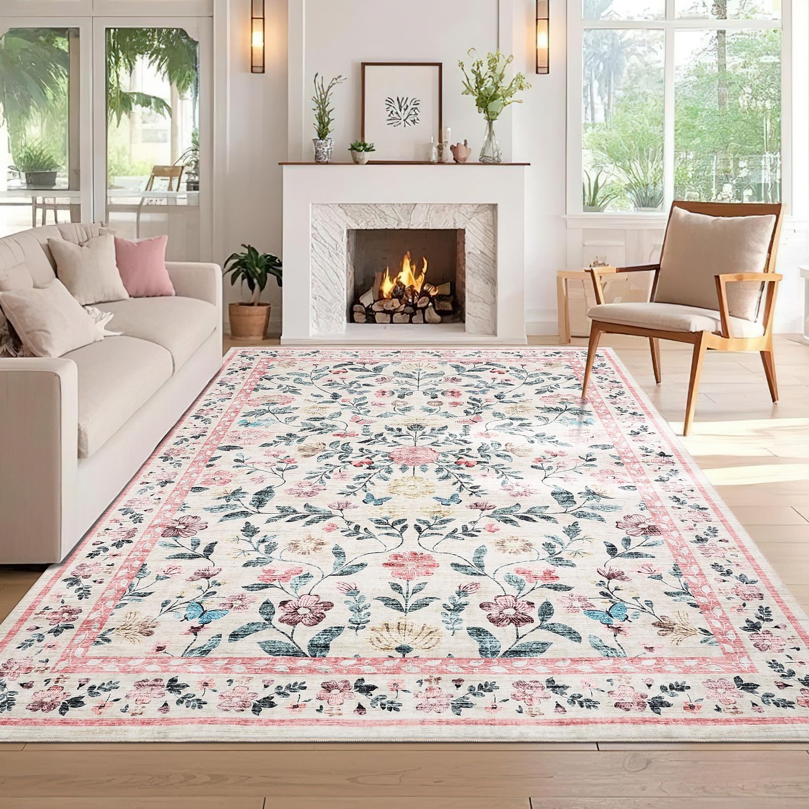 CAROMIO 200x290 cm Large Floral Living Room Rug, Non-Slip Washable Farmhouse Carpet for Bedroom, Low Pile Foldable Soft Area Rug for Dining Nursery Office, Pink