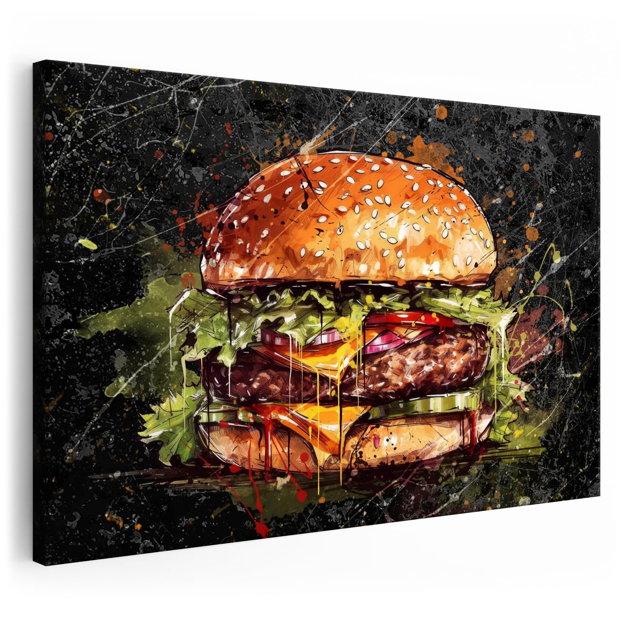 Artmazing | Burger Gemälde Bild bunt | S-Art Bilder | Burger Gemälde Bilder Modern | Leinwandbilder XXL Wohnzimmer | Wandbild Burger Gemälde Deko XXL | Bild Leinwand XXL | buntes Poster für Wand